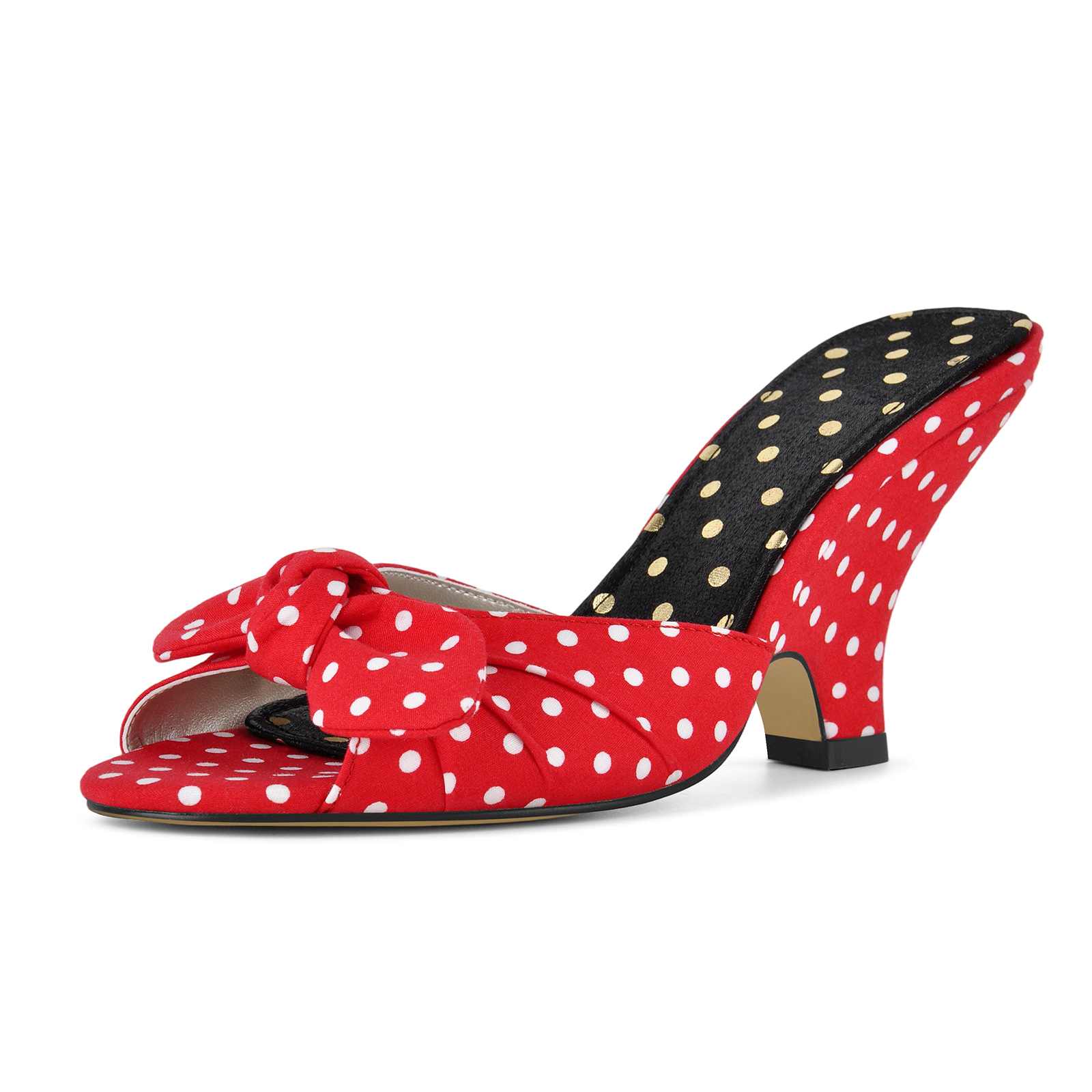 Polka Dot Bow Wedge Heel Canvas Mules