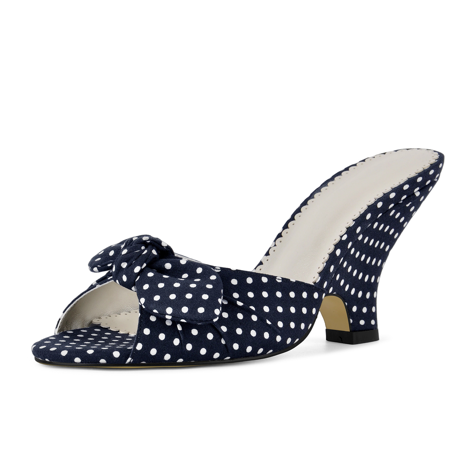 Polka Dot Bow Wedge Heel Canvas Mules