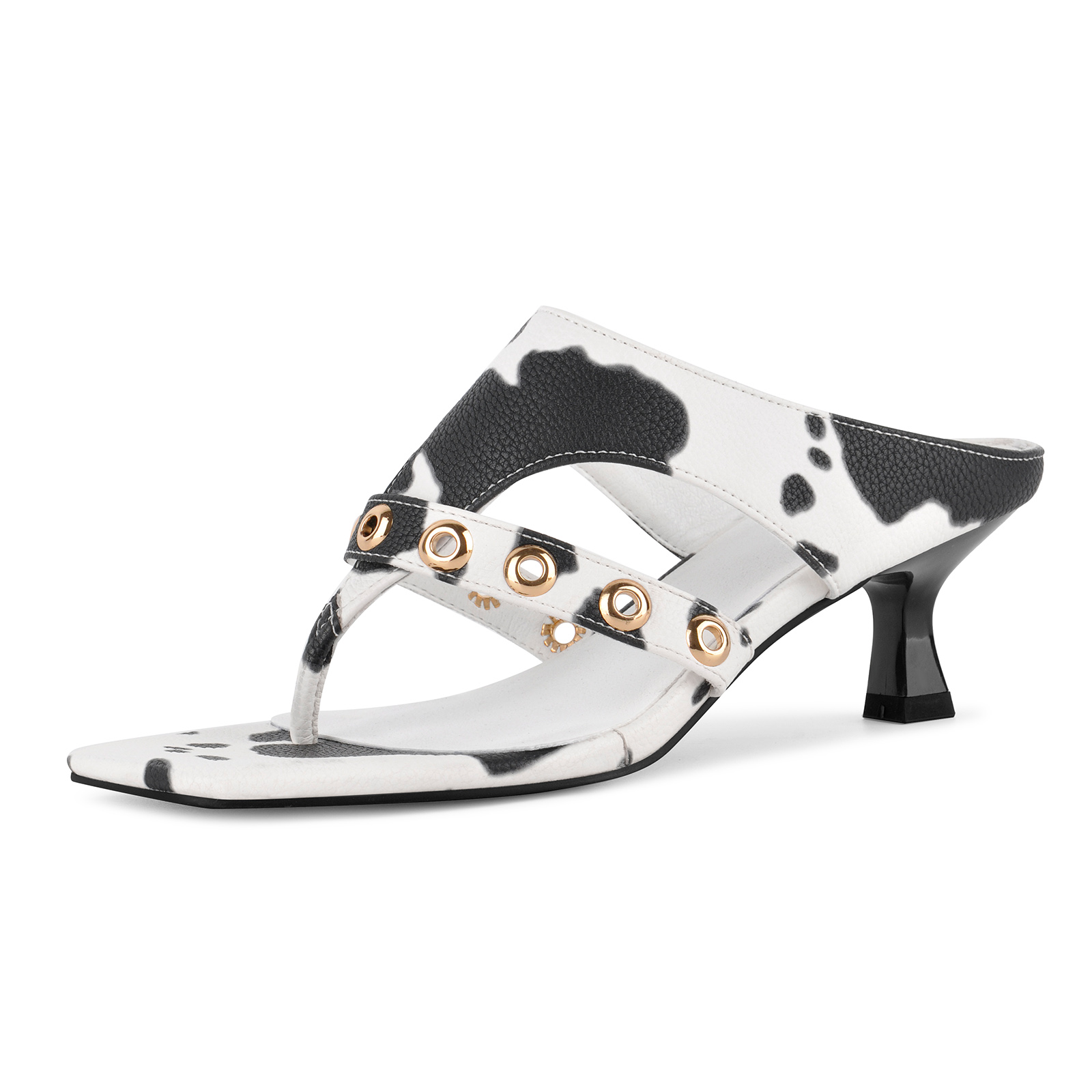 Cow Print Square Toe Studded Kitten Heel Mules