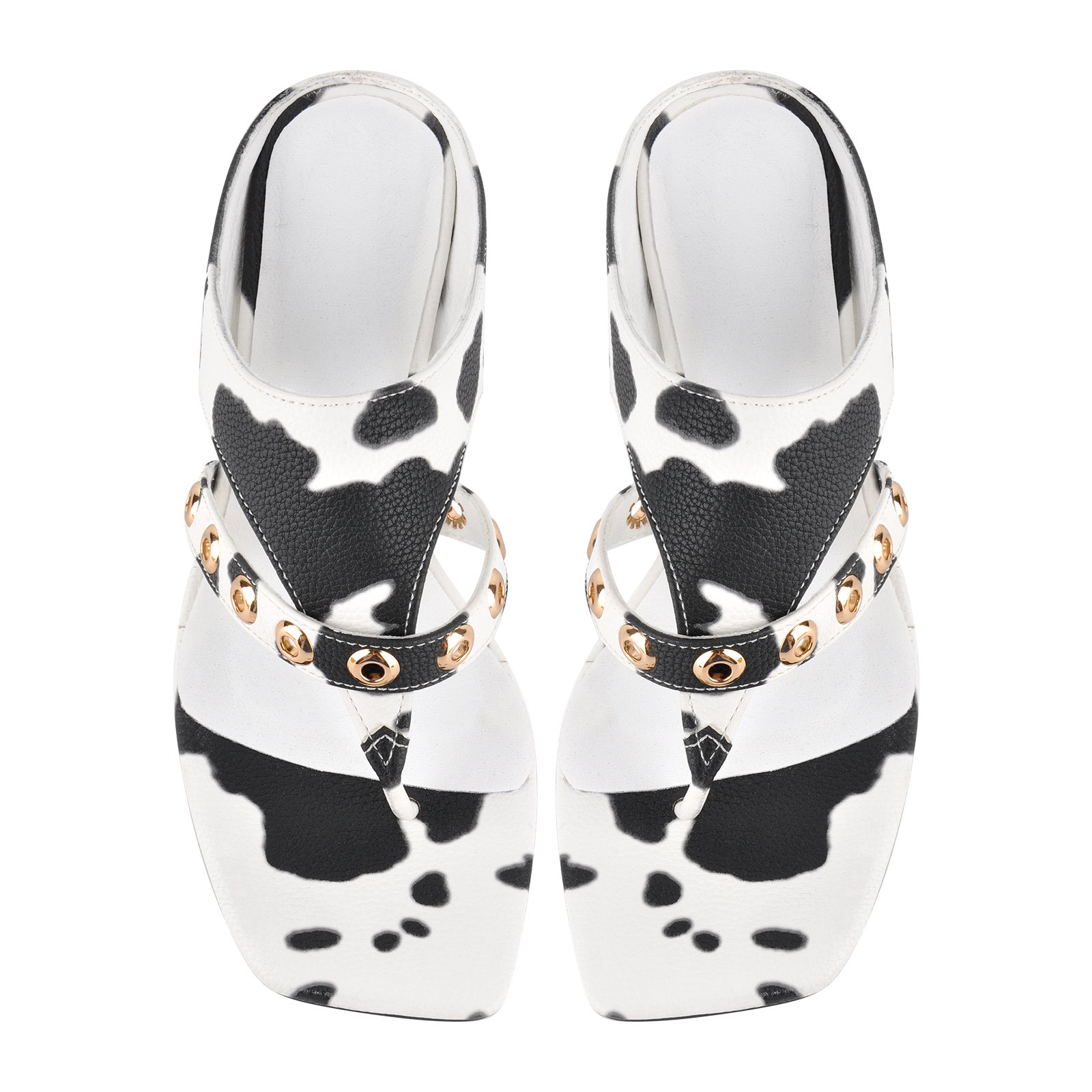 Cow Print Square Toe Studded Kitten Heel Mules