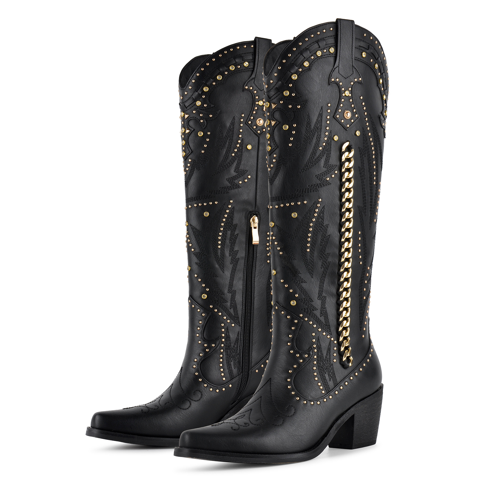 Metal Studded Embroidery Knee High Western Boots