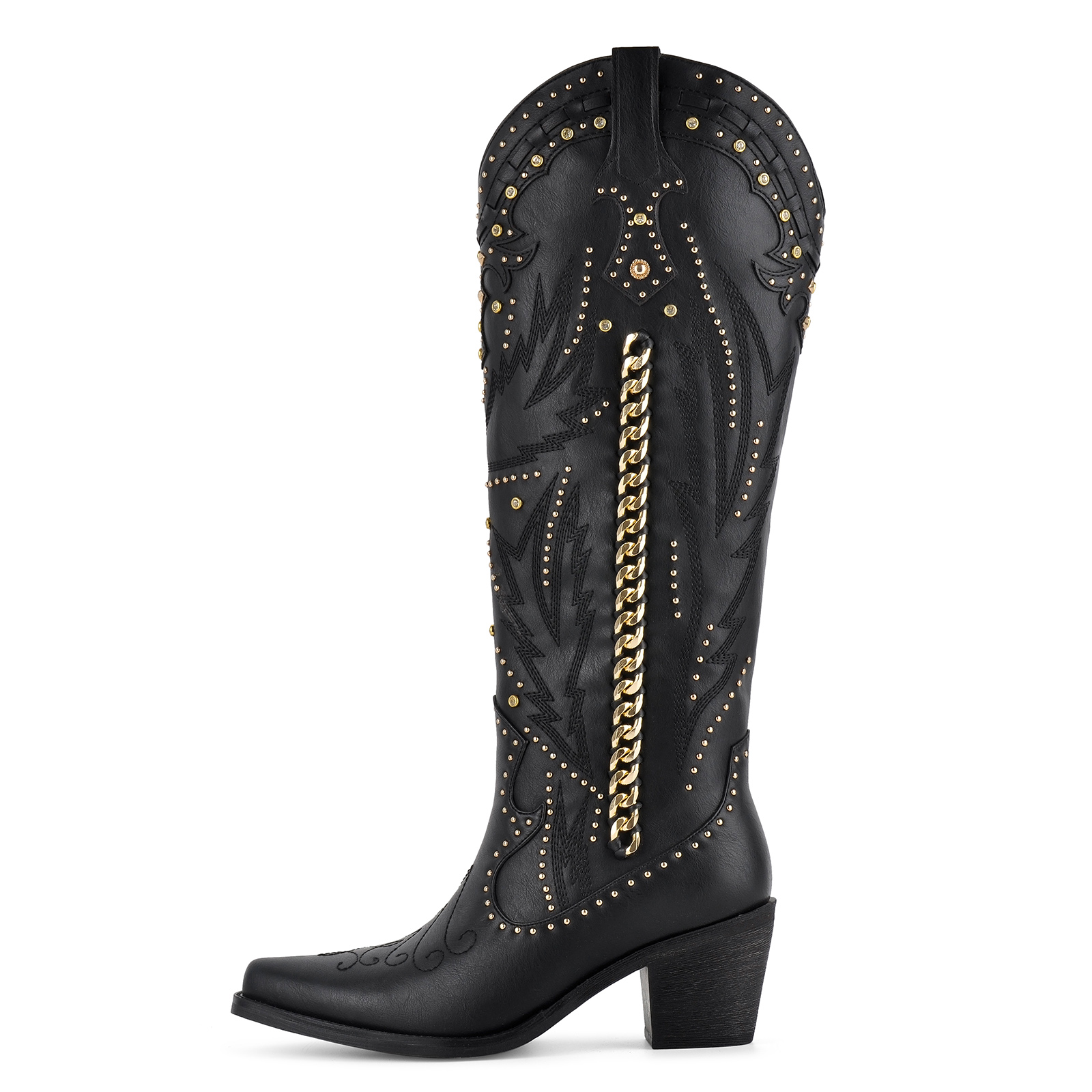 Metal Studded Embroidery Knee High Western Boots