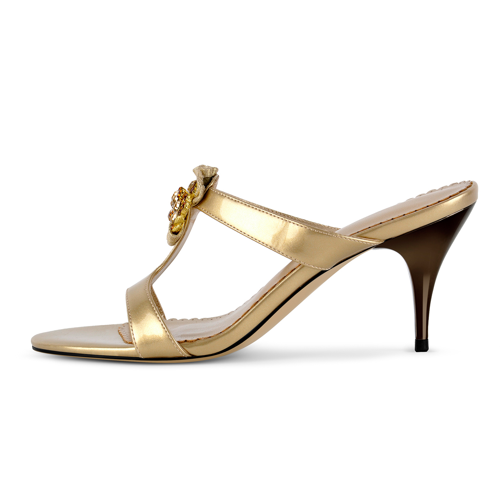 Round Toe Rhinestone T-Strap Stiletto Mules