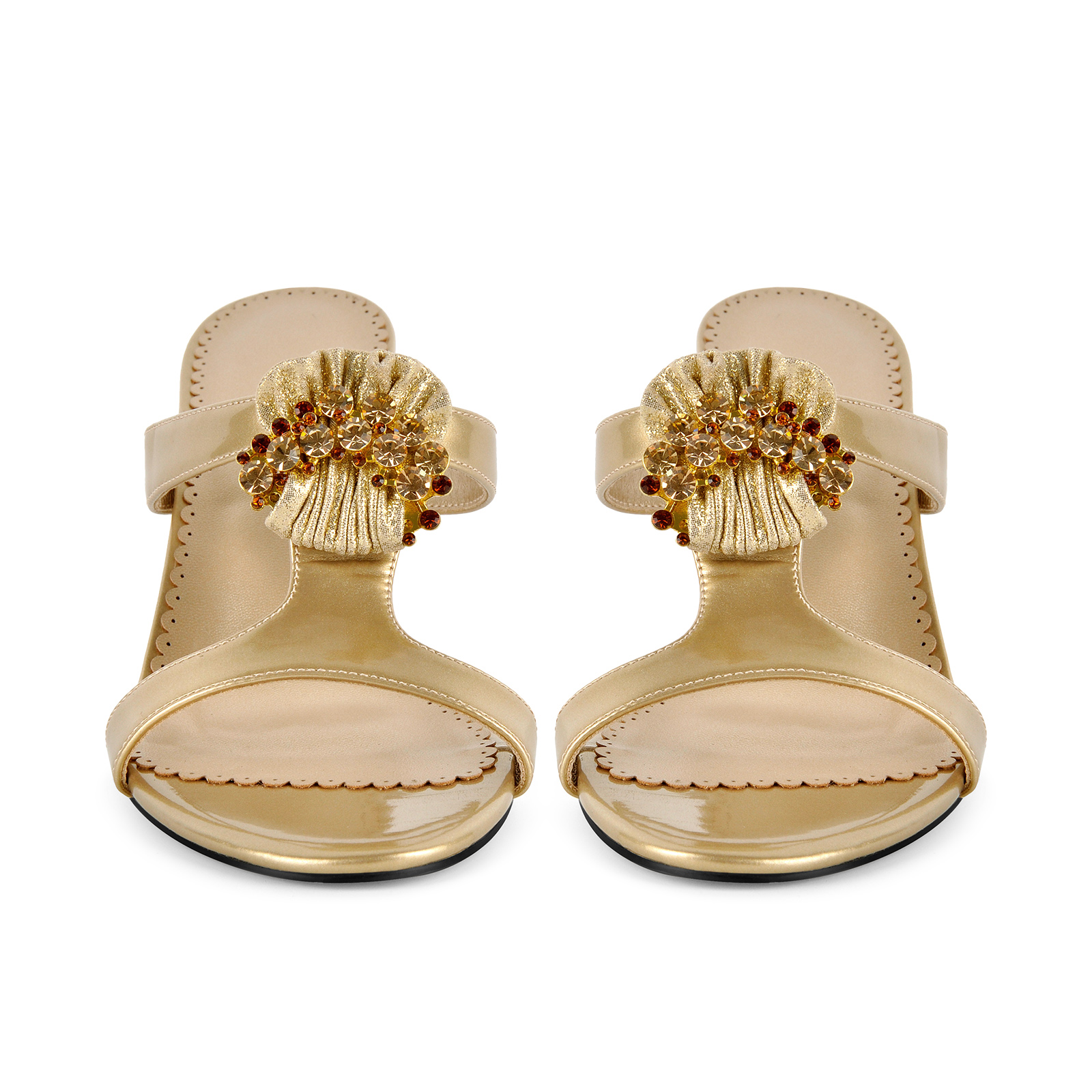 Round Toe Rhinestone T-Strap Stiletto Mules
