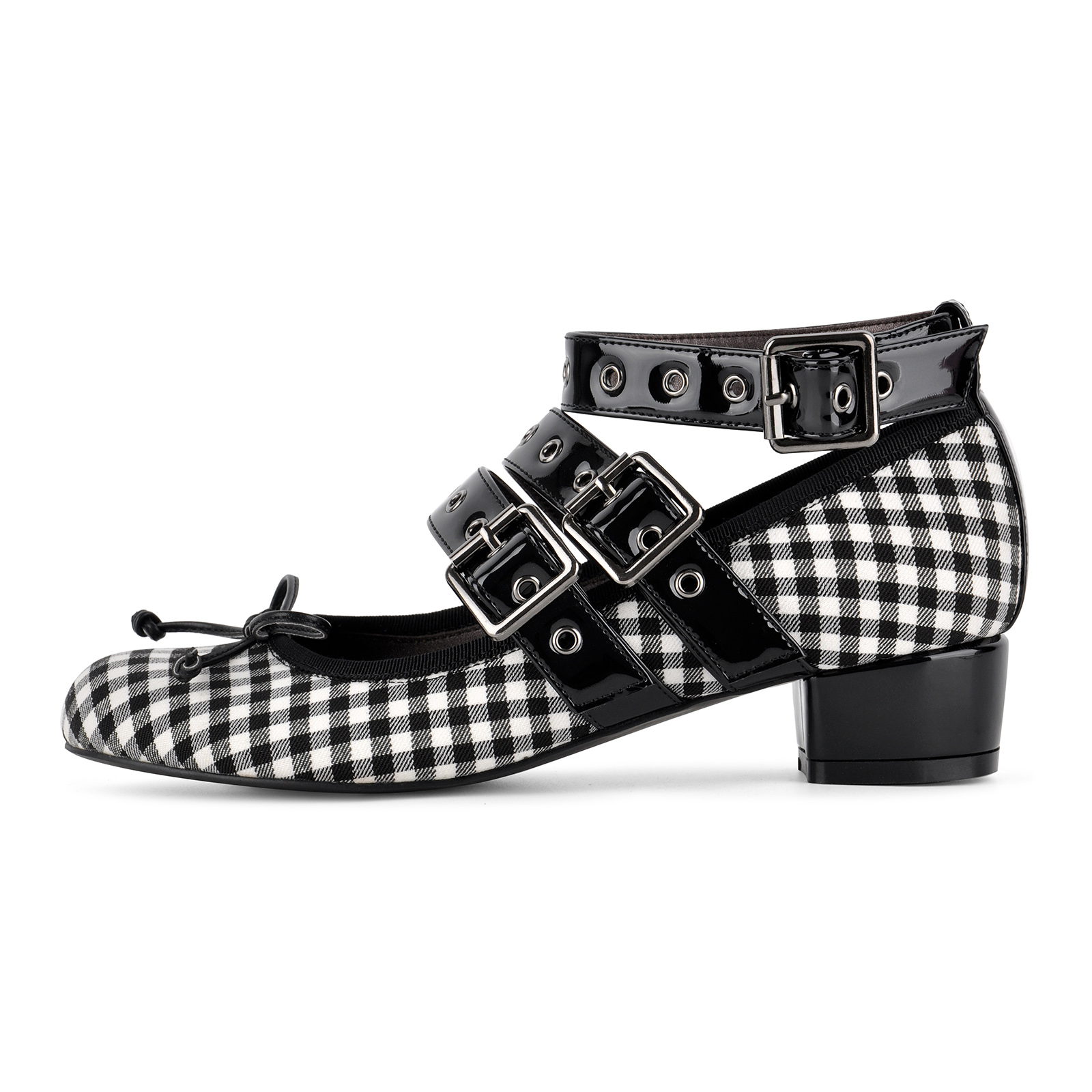 Plaid Bow Multi Buckles Mary Jane Pumps