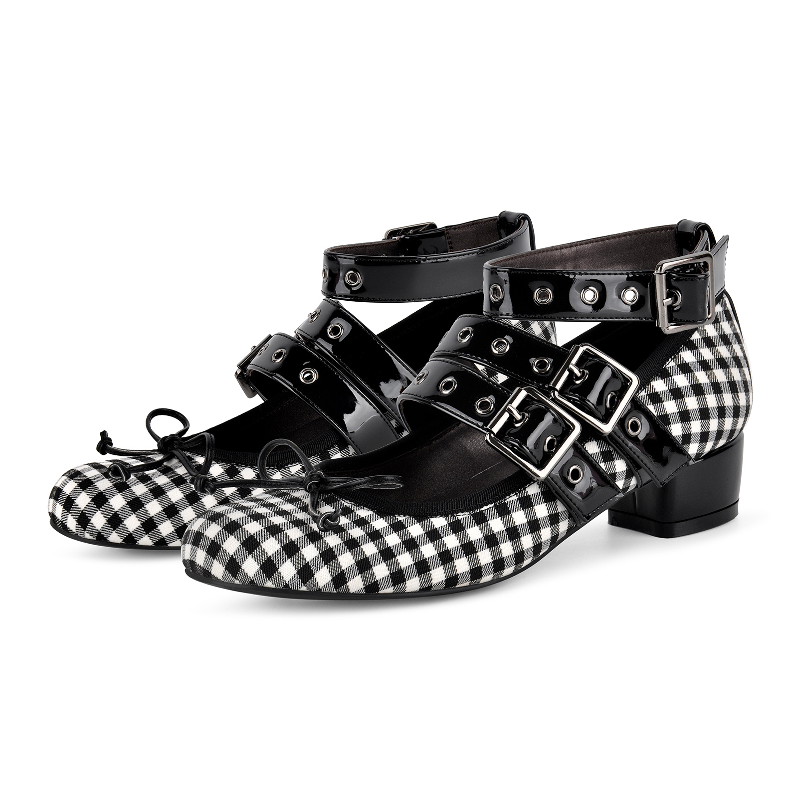 Plaid Bow Multi Buckles Mary Jane Pumps