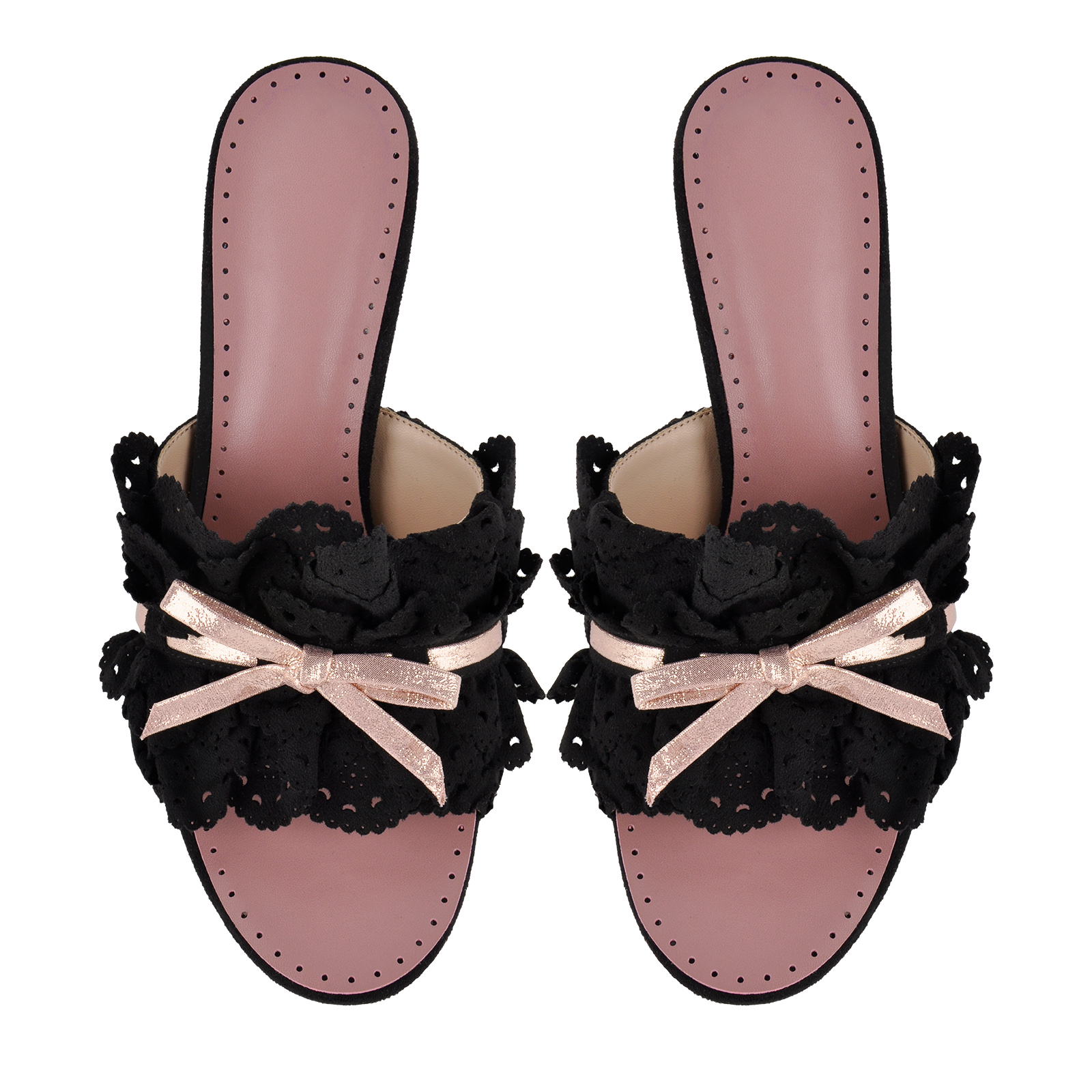 Bow Round Toe Suede Ruffle Stiletto Mules