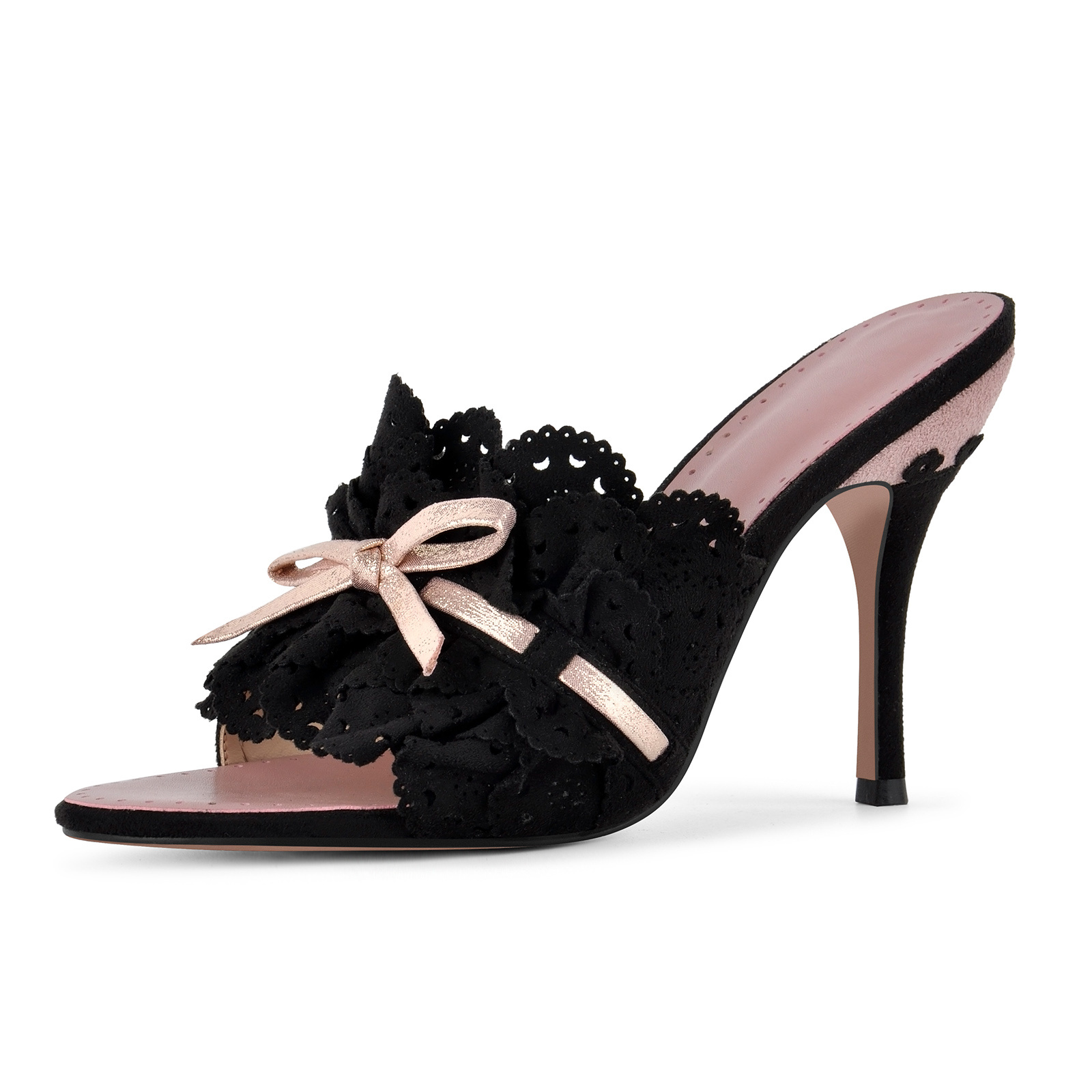 Bow Round Toe Suede Ruffle Stiletto Mules