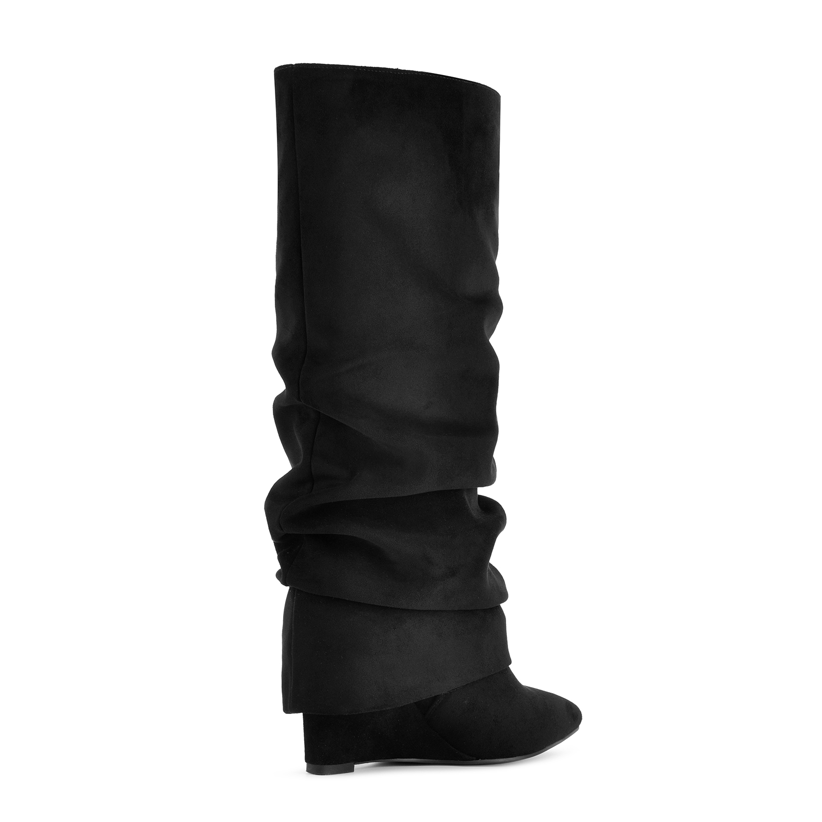 Suede Ruched Fold Over Wedge Heel Knee High Boots