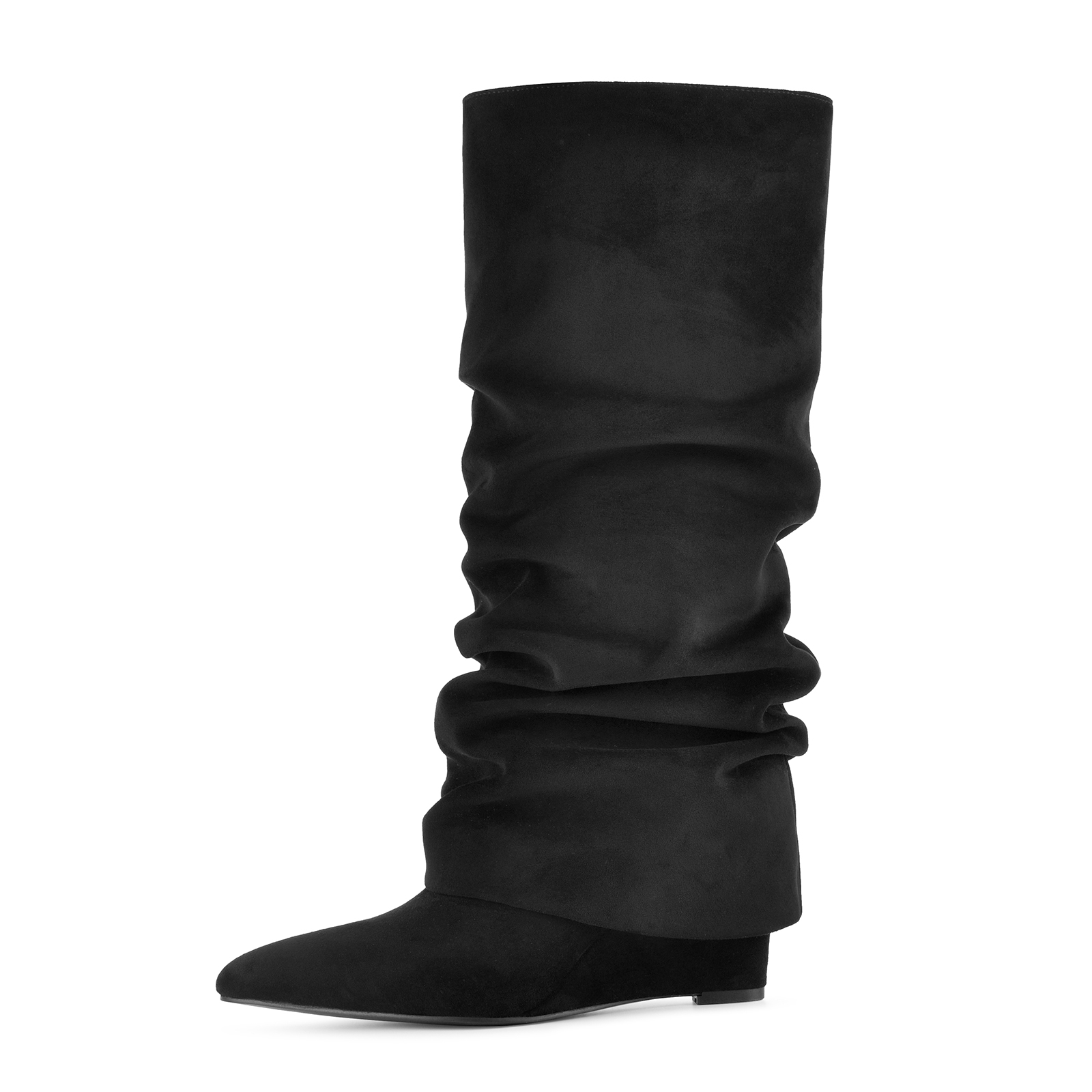 Suede Ruched Fold Over Wedge Heel Knee High Boots