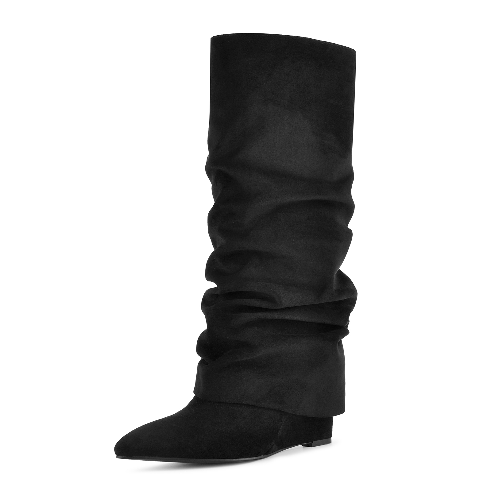 Suede Ruched Fold Over Wedge Heel Knee High Boots