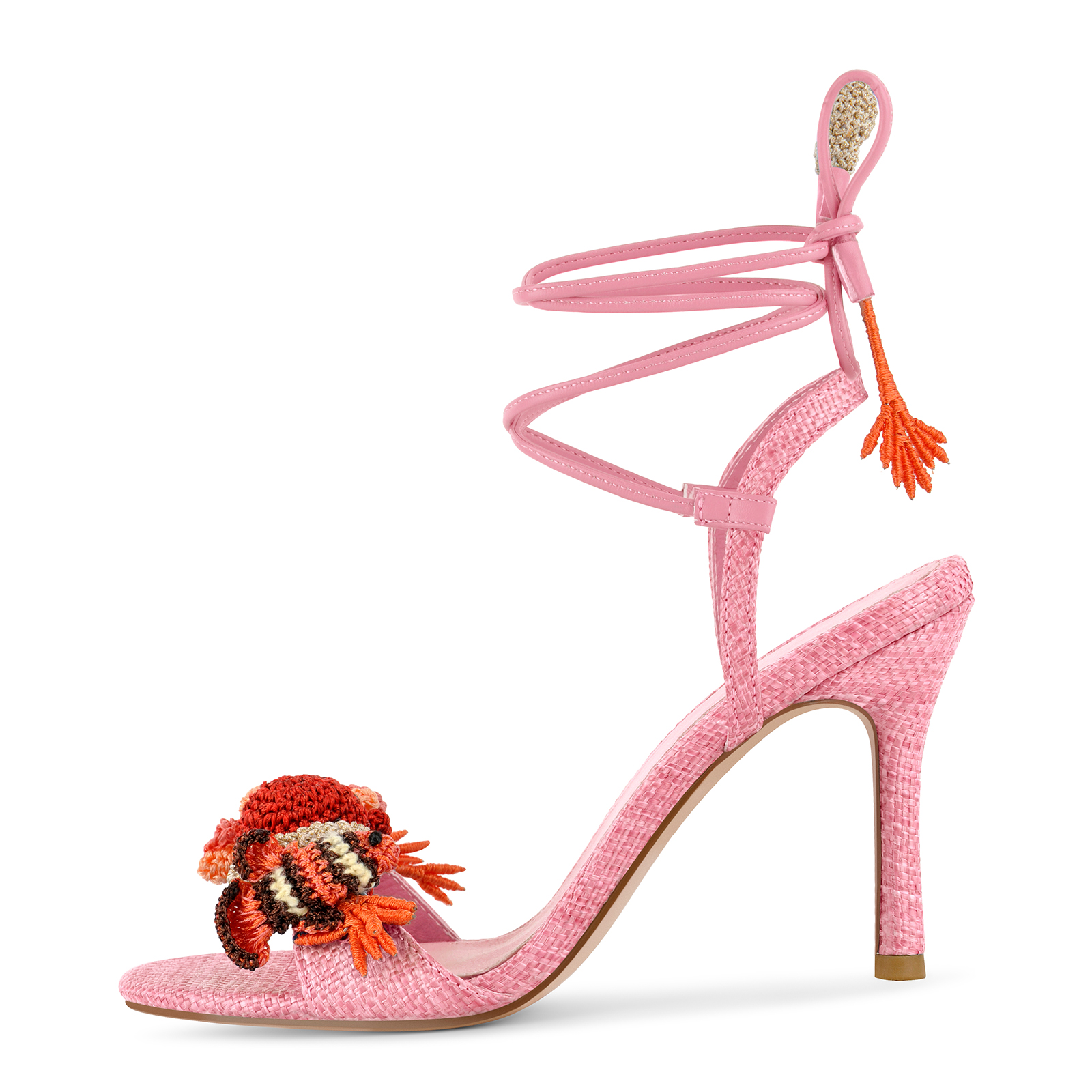 Round Toe Embellished Raffia Lace-up Sandals