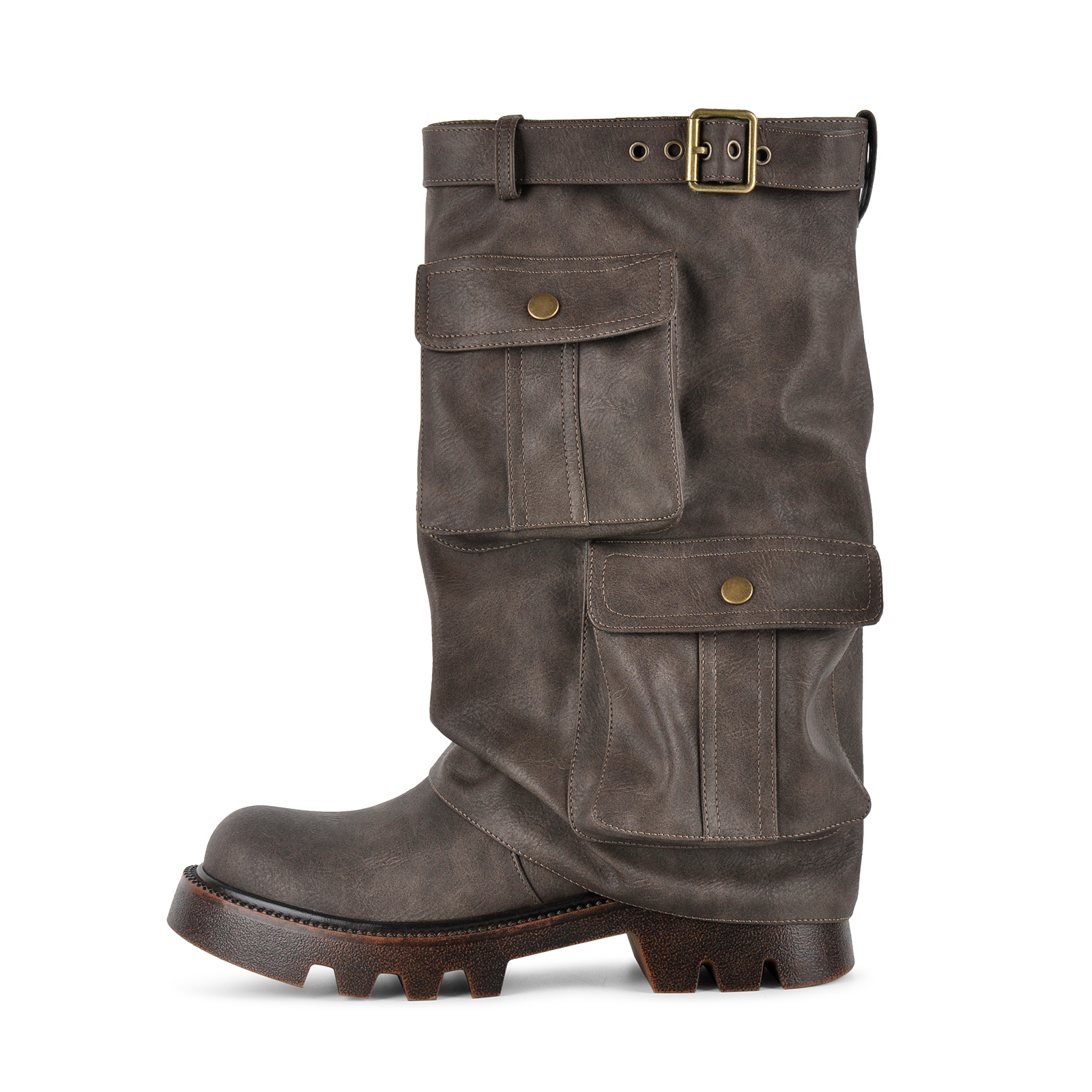 Platform Pockets Buckle Fold Over Mid-Calf Boots