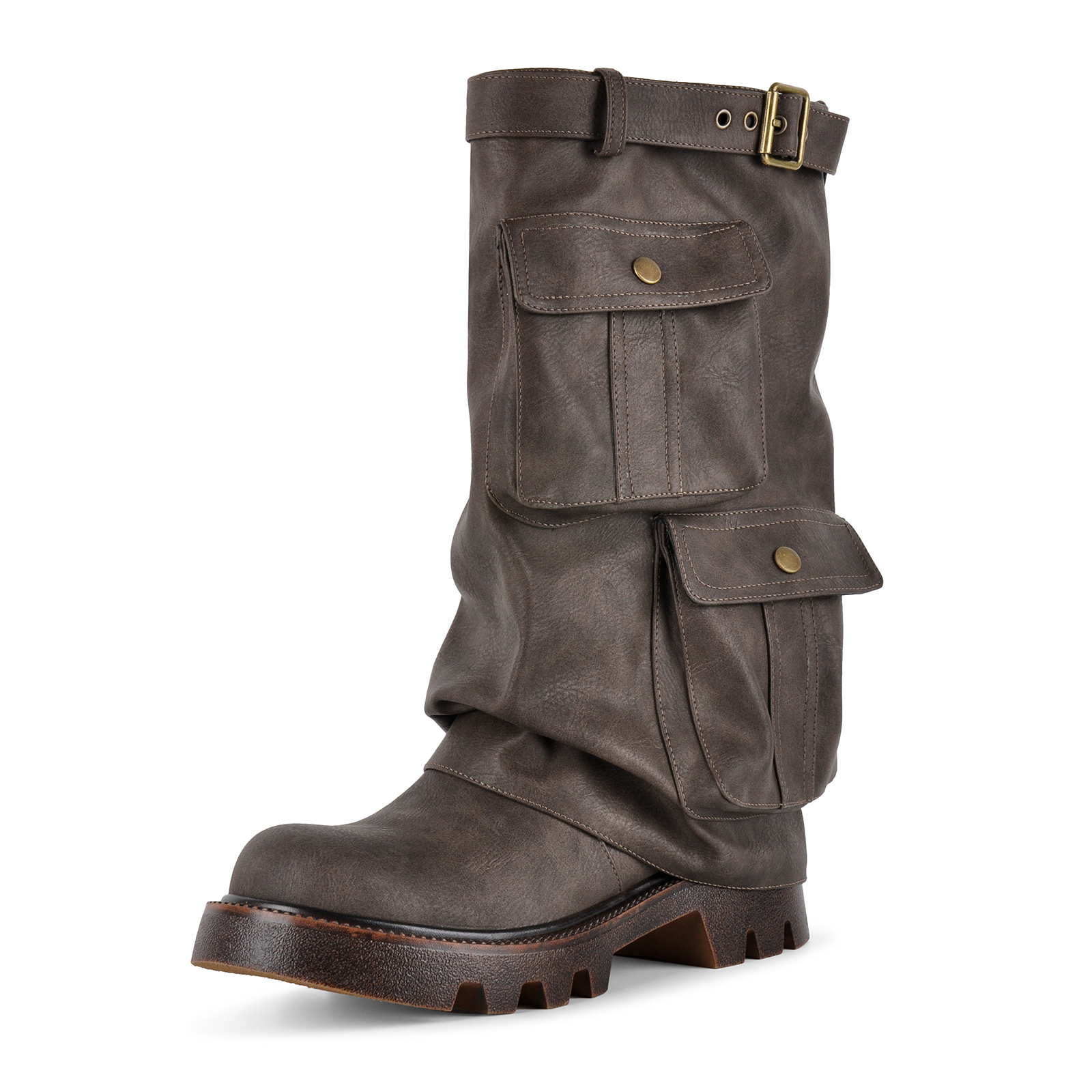 Platform Pockets Buckle Fold Over Mid-Calf Boots
