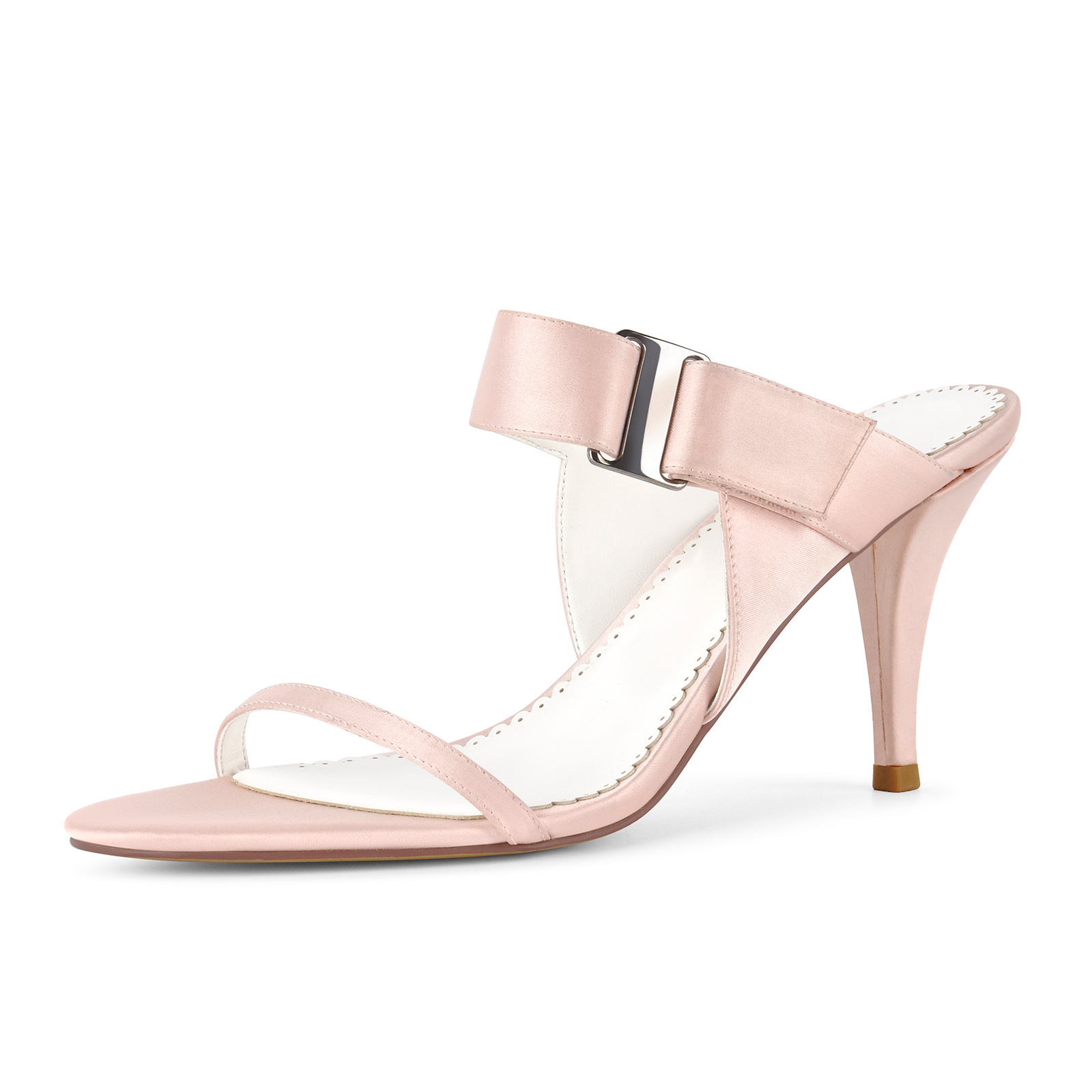 Round Toe Satin Buckle Stiletto Mules