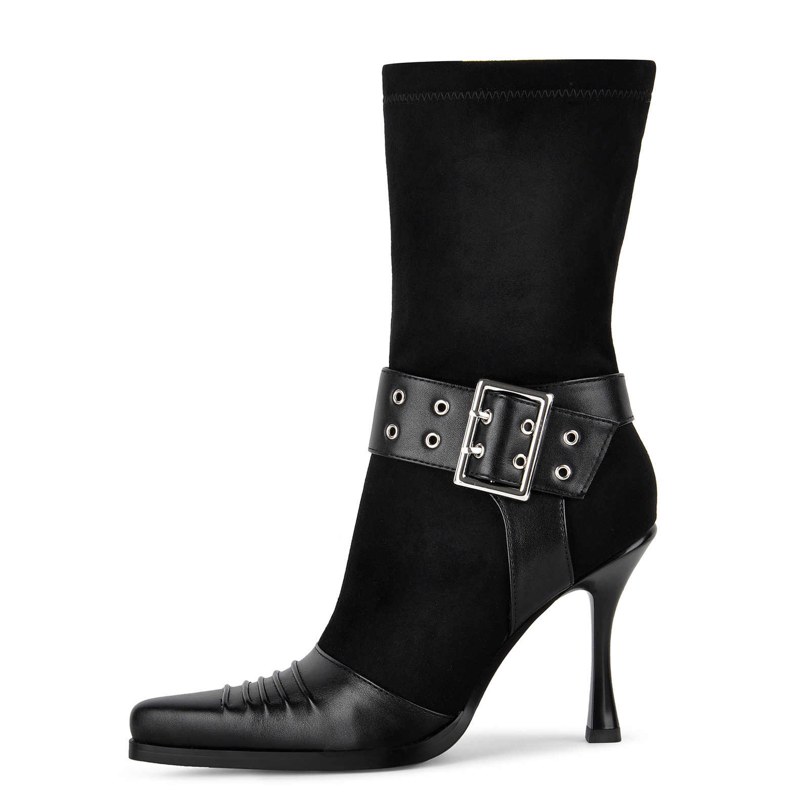 Pointed Toe Buckle Patchwork Ankle Boots