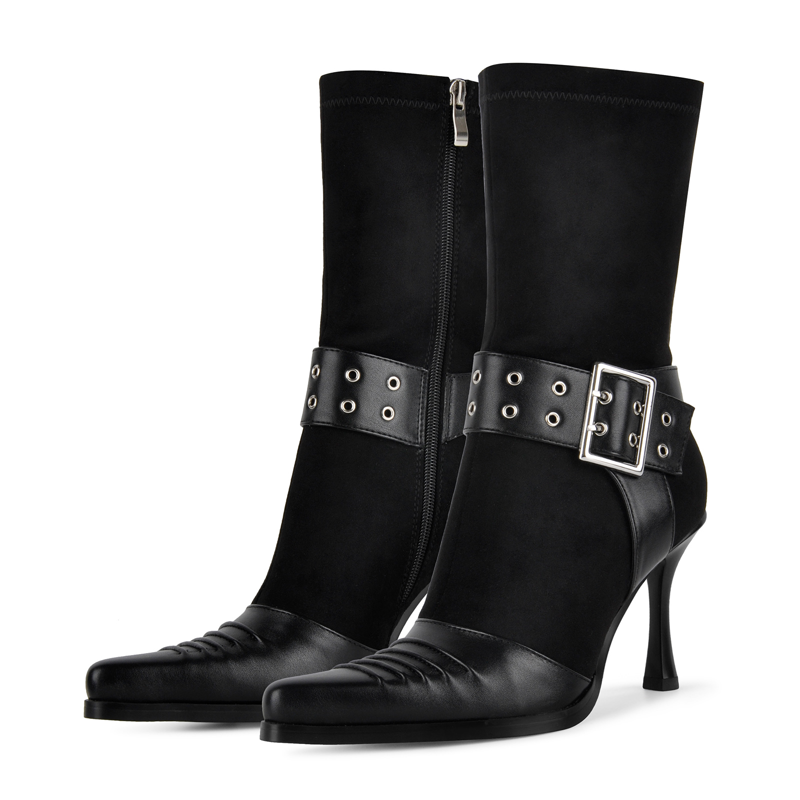 Pointed Toe Buckle Patchwork Ankle Boots