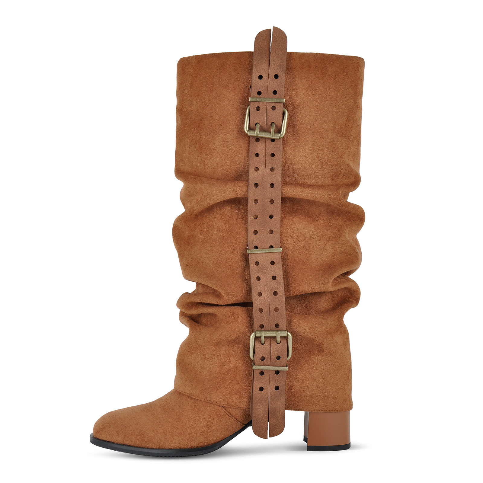 Suede Ruched Buckle Strap Mid-Calf Boots