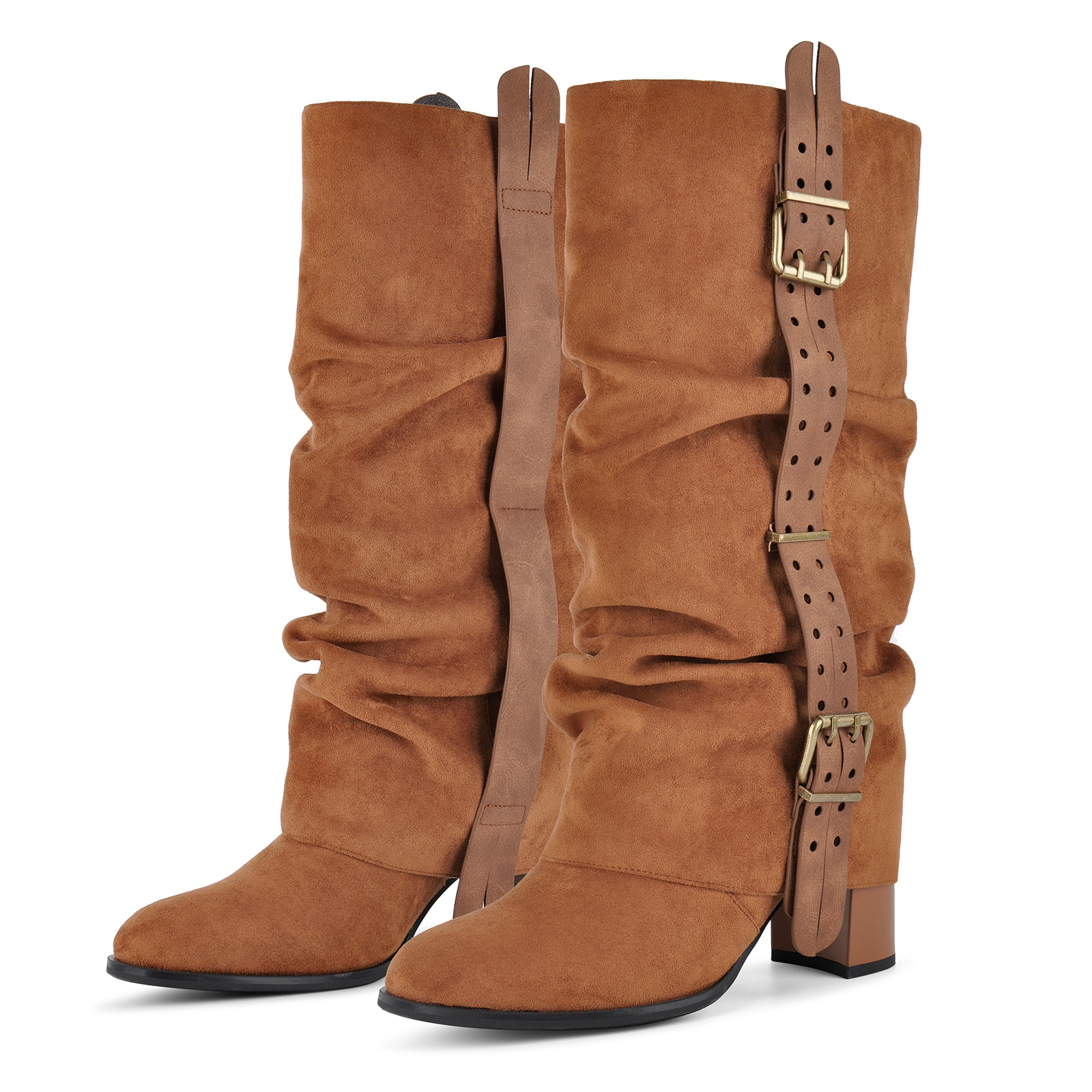 Suede Ruched Buckle Strap Mid-Calf Boots