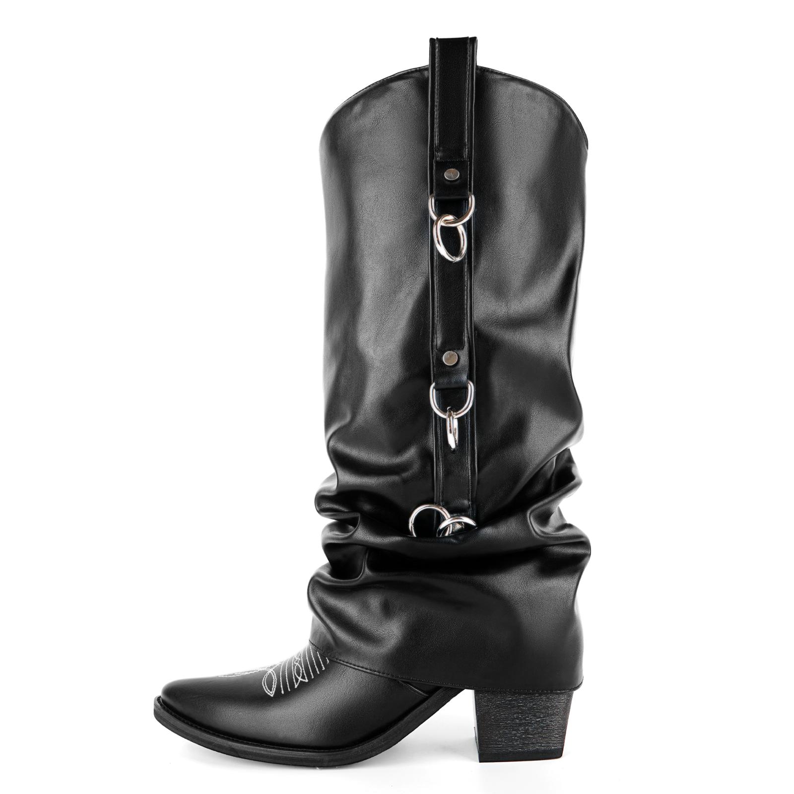 Ruched Metal Ring Western Knee High Boots