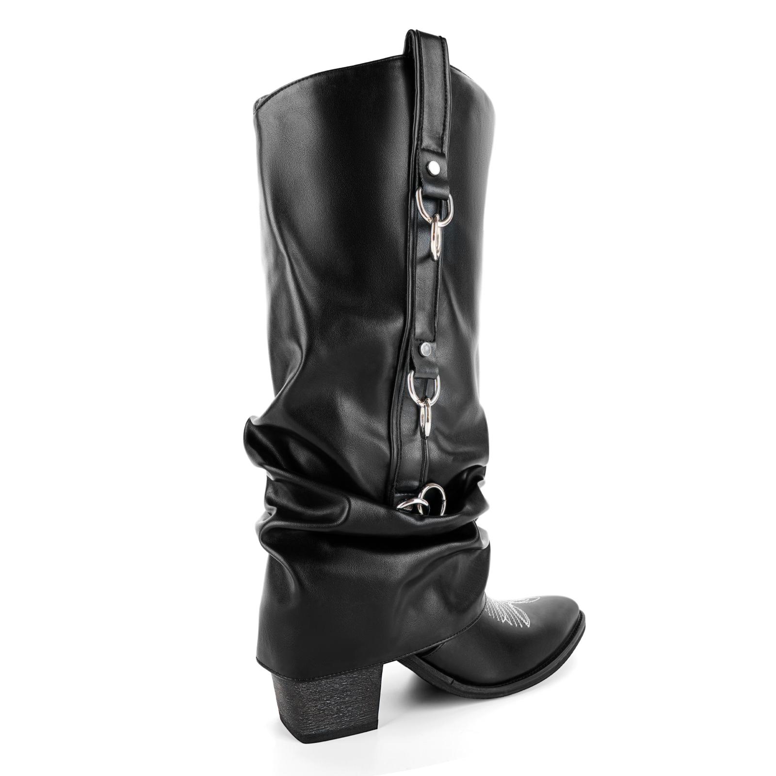 Ruched Metal Ring Western Knee High Boots