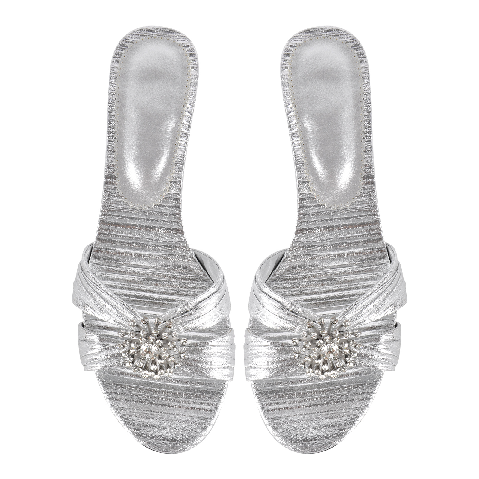 Round Toe Rhinestone Flower Kitten Heel Mules