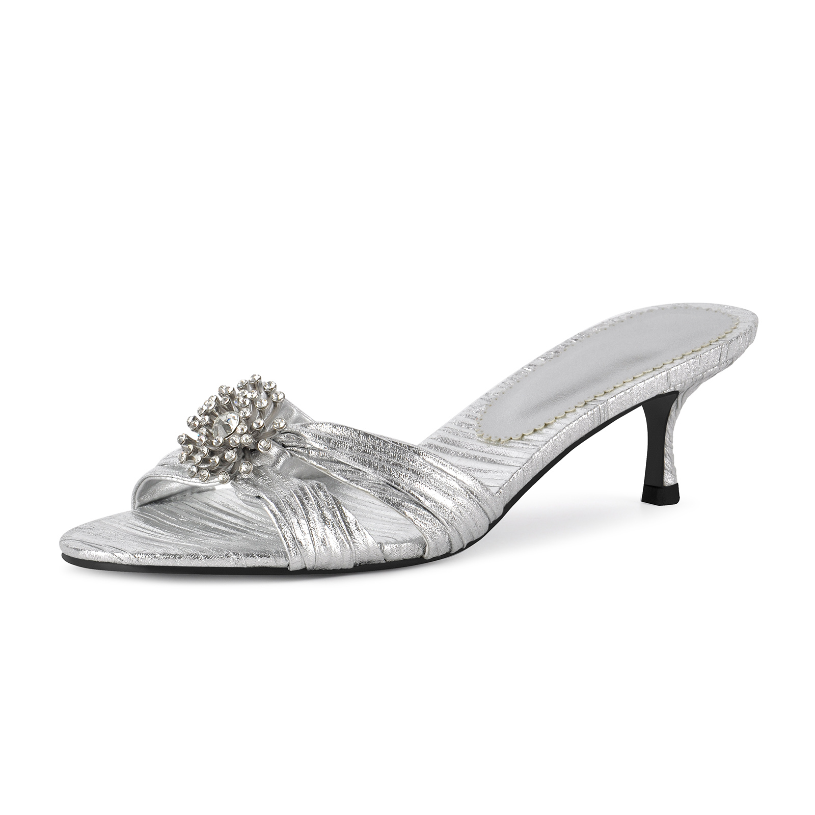 Round Toe Rhinestone Flower Kitten Heel Mules