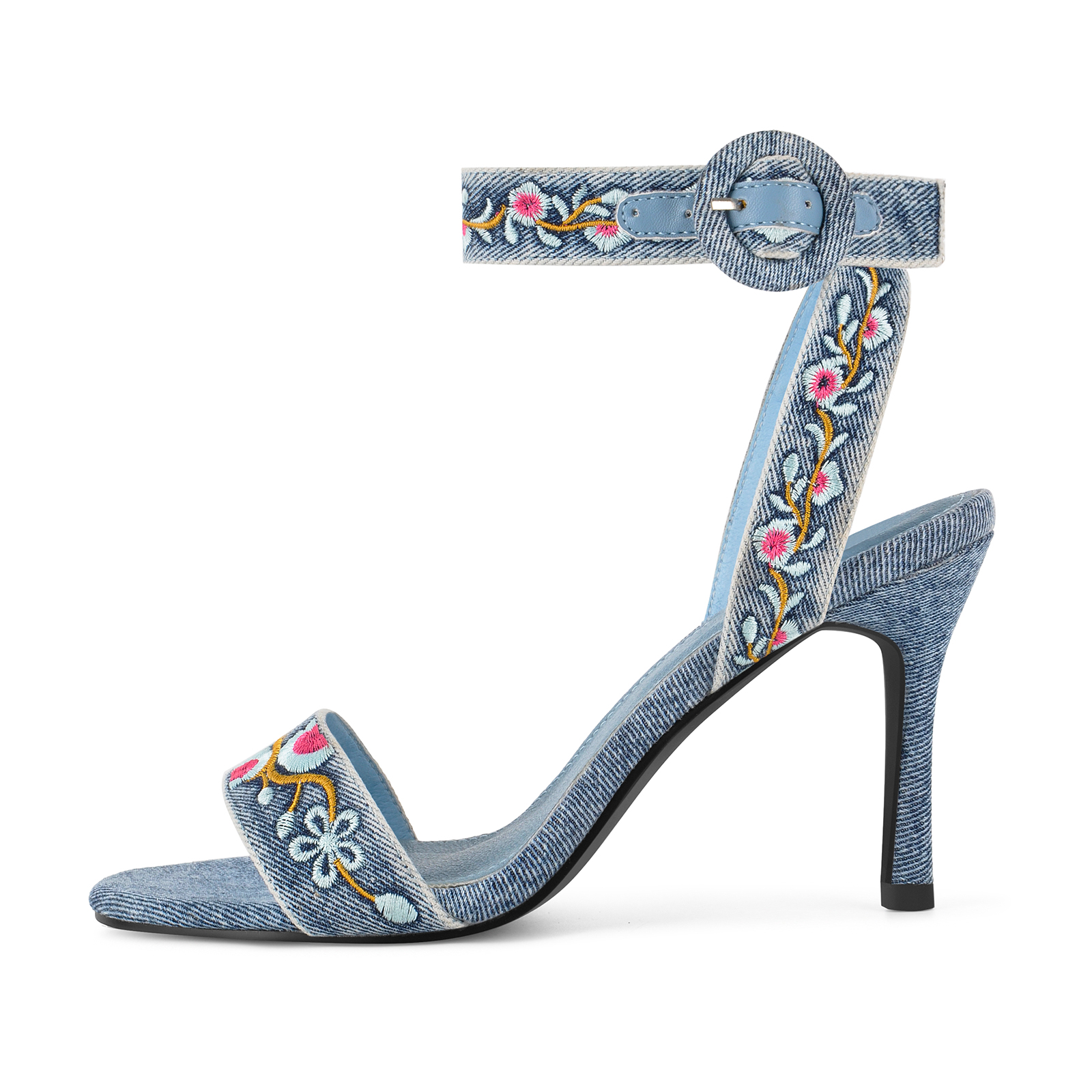 Denim Floral Embroidery Ankle Strap Sandals