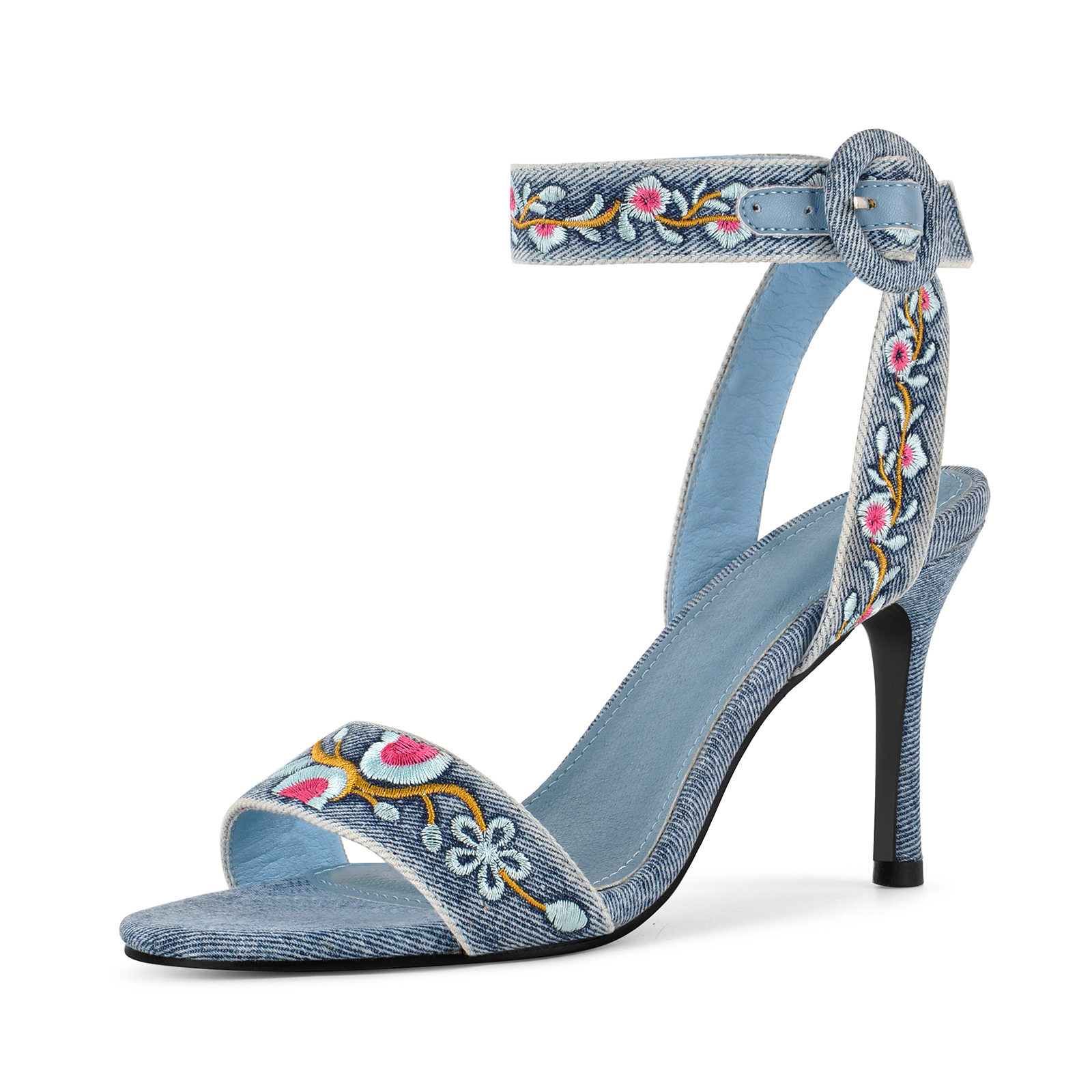 Denim Floral Embroidery Ankle Strap Sandals
