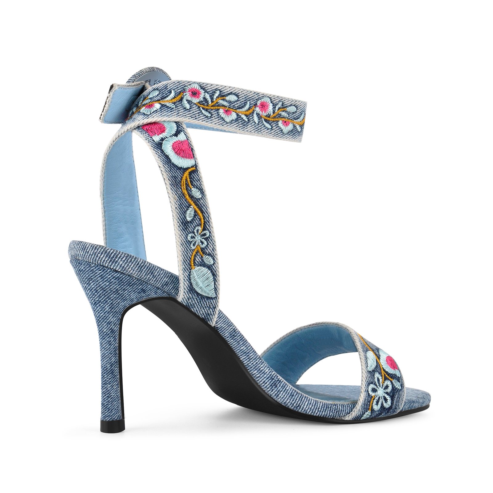 Denim Floral Embroidery Ankle Strap Sandals
