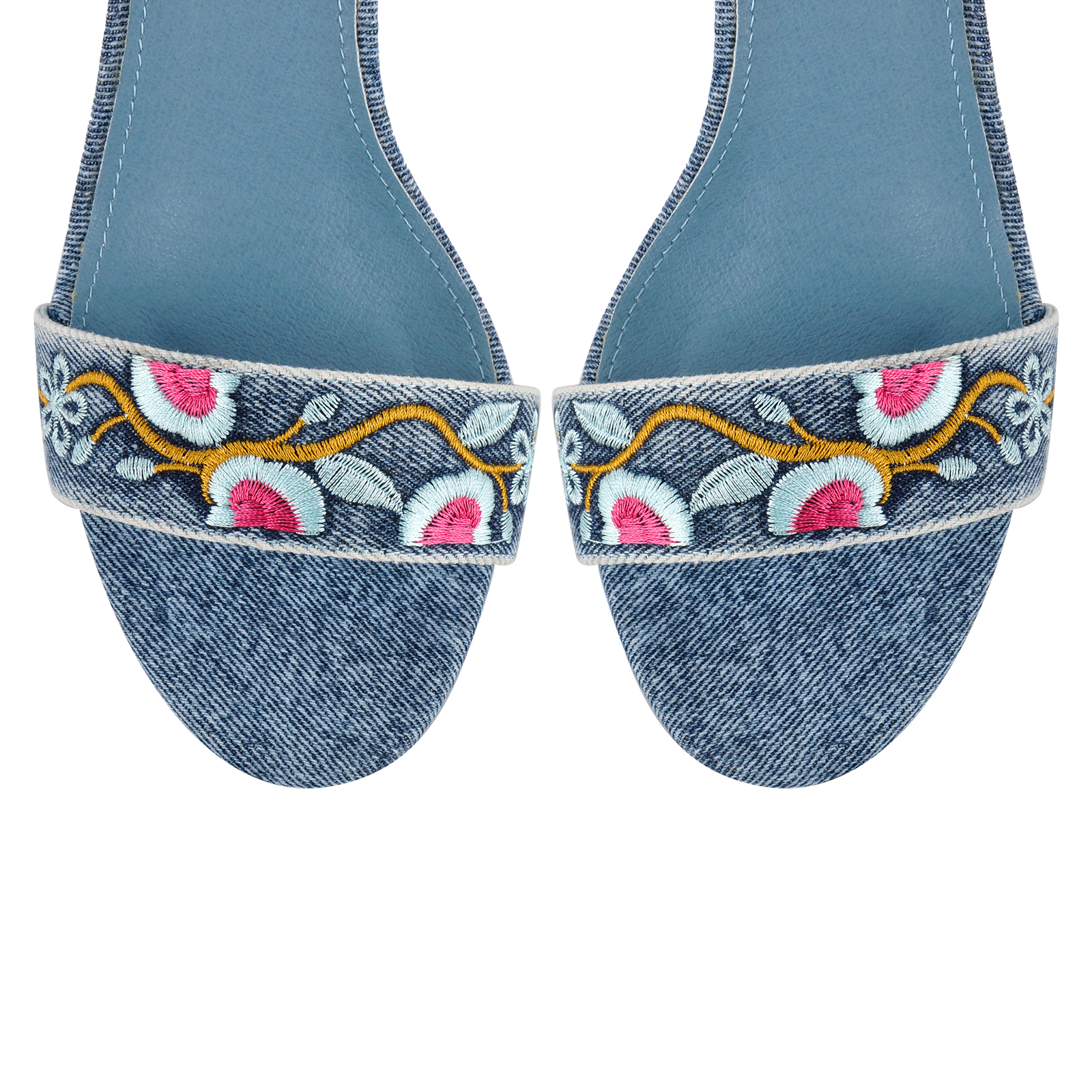Denim Floral Embroidery Ankle Strap Sandals