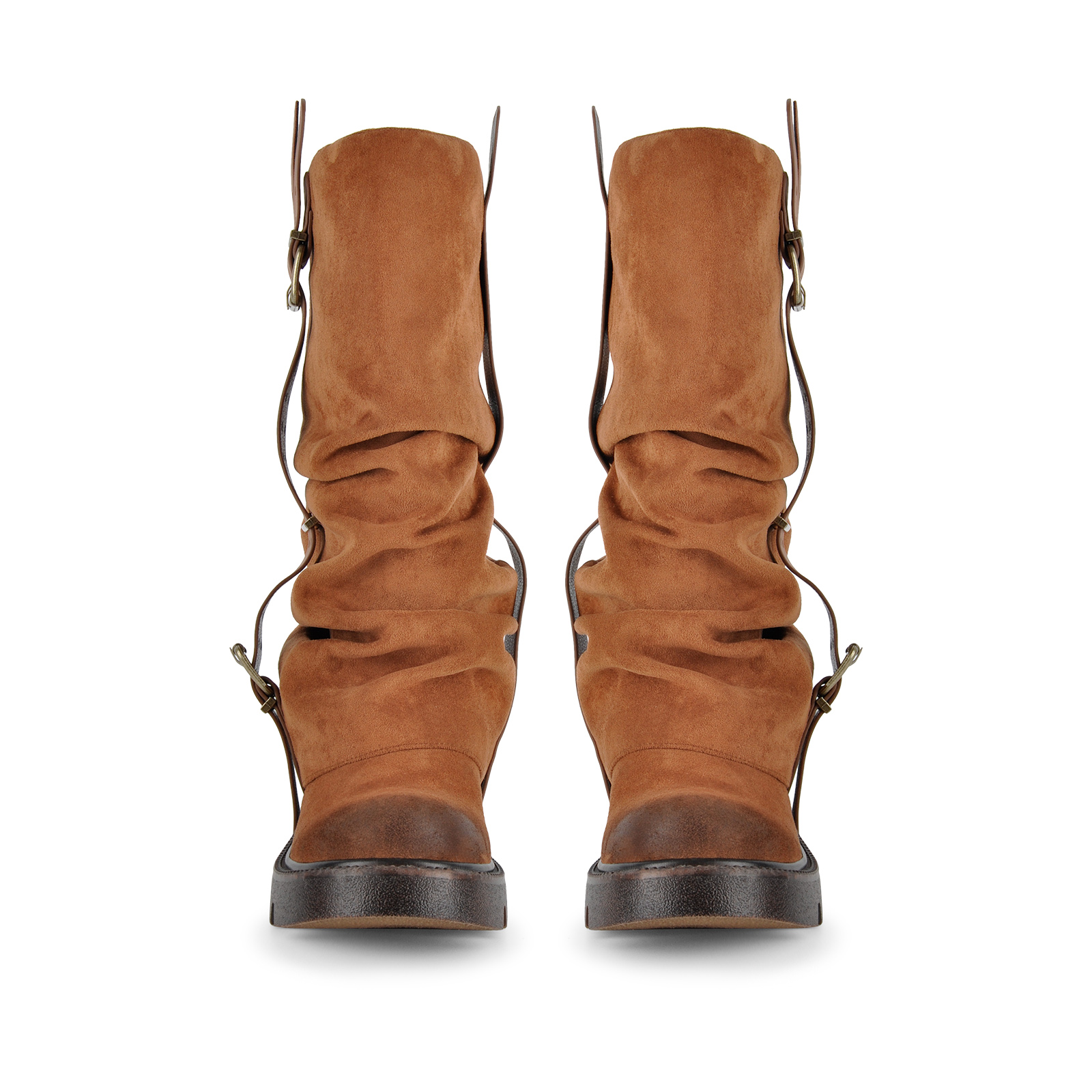 Suede Platform Buckle Strap Ruched Mid-Calf Boots