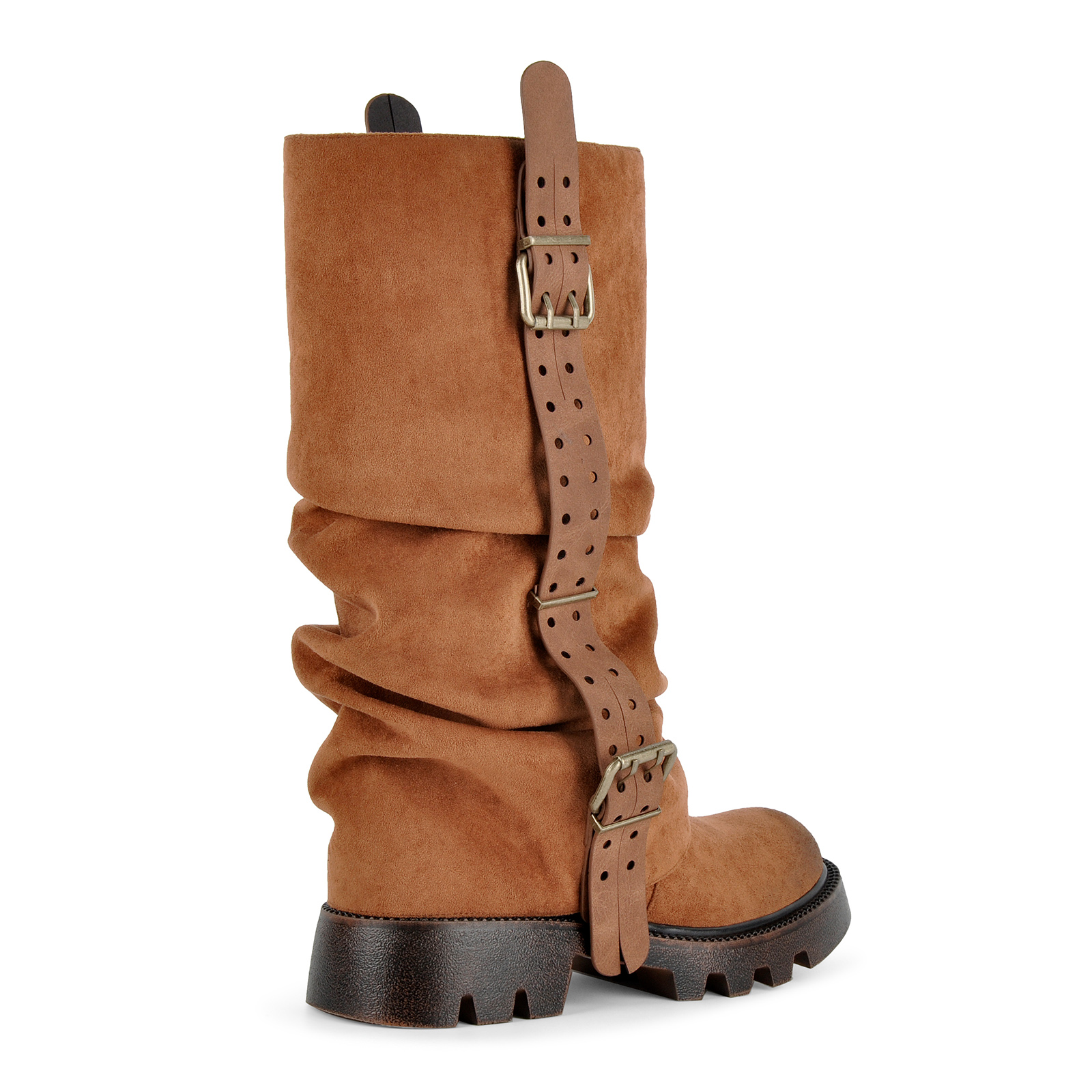 Suede Platform Buckle Strap Ruched Mid-Calf Boots