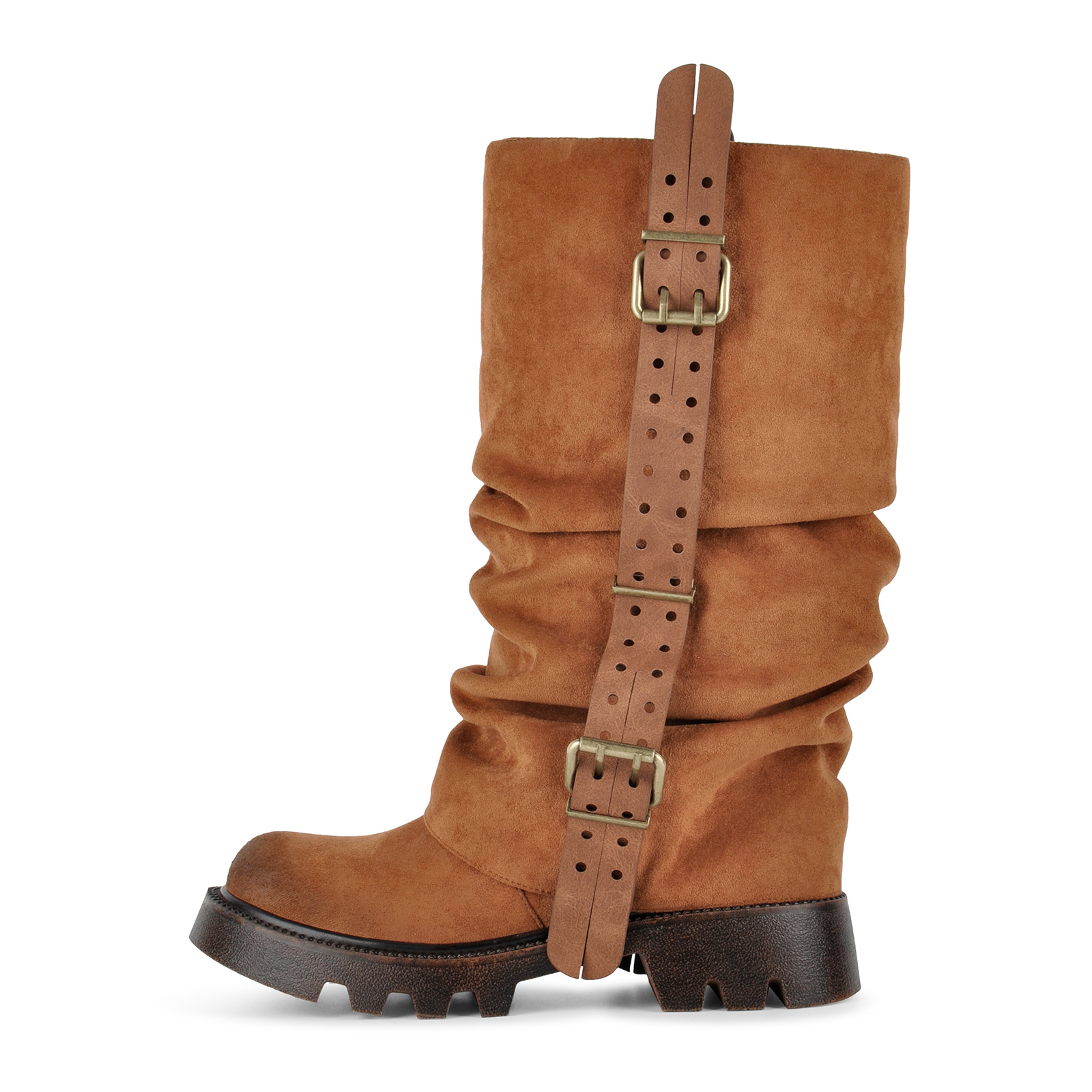 Suede Platform Buckle Strap Ruched Mid-Calf Boots