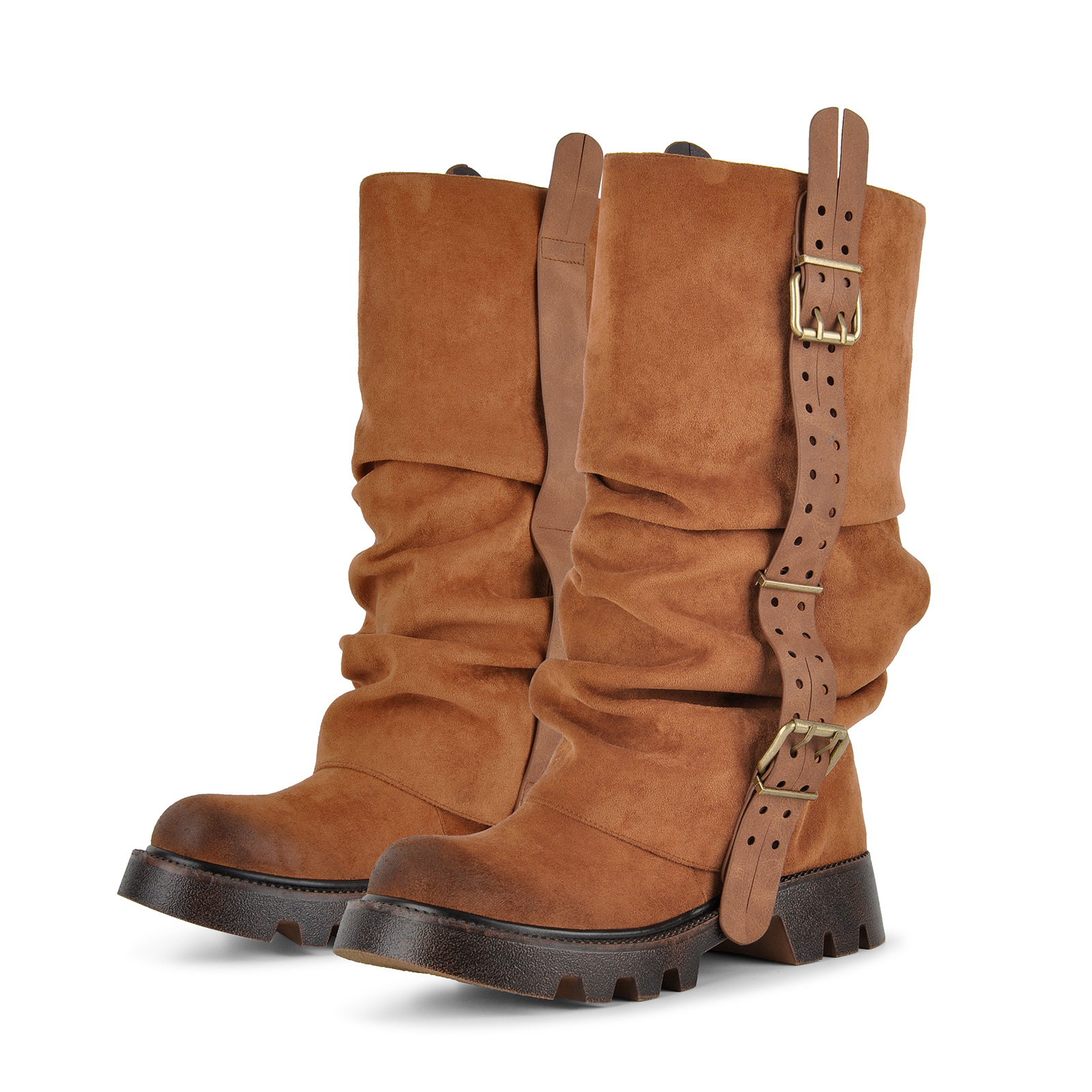 Suede Platform Buckle Strap Ruched Mid-Calf Boots