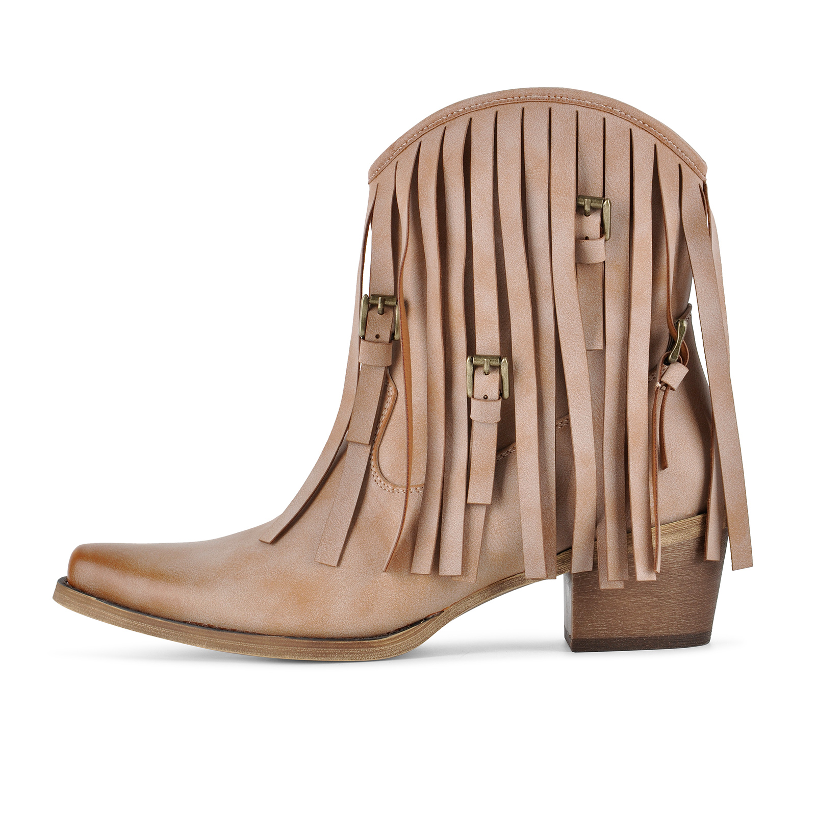 Pointed Toe Fringe Buckle Cowboy Ankle Boots