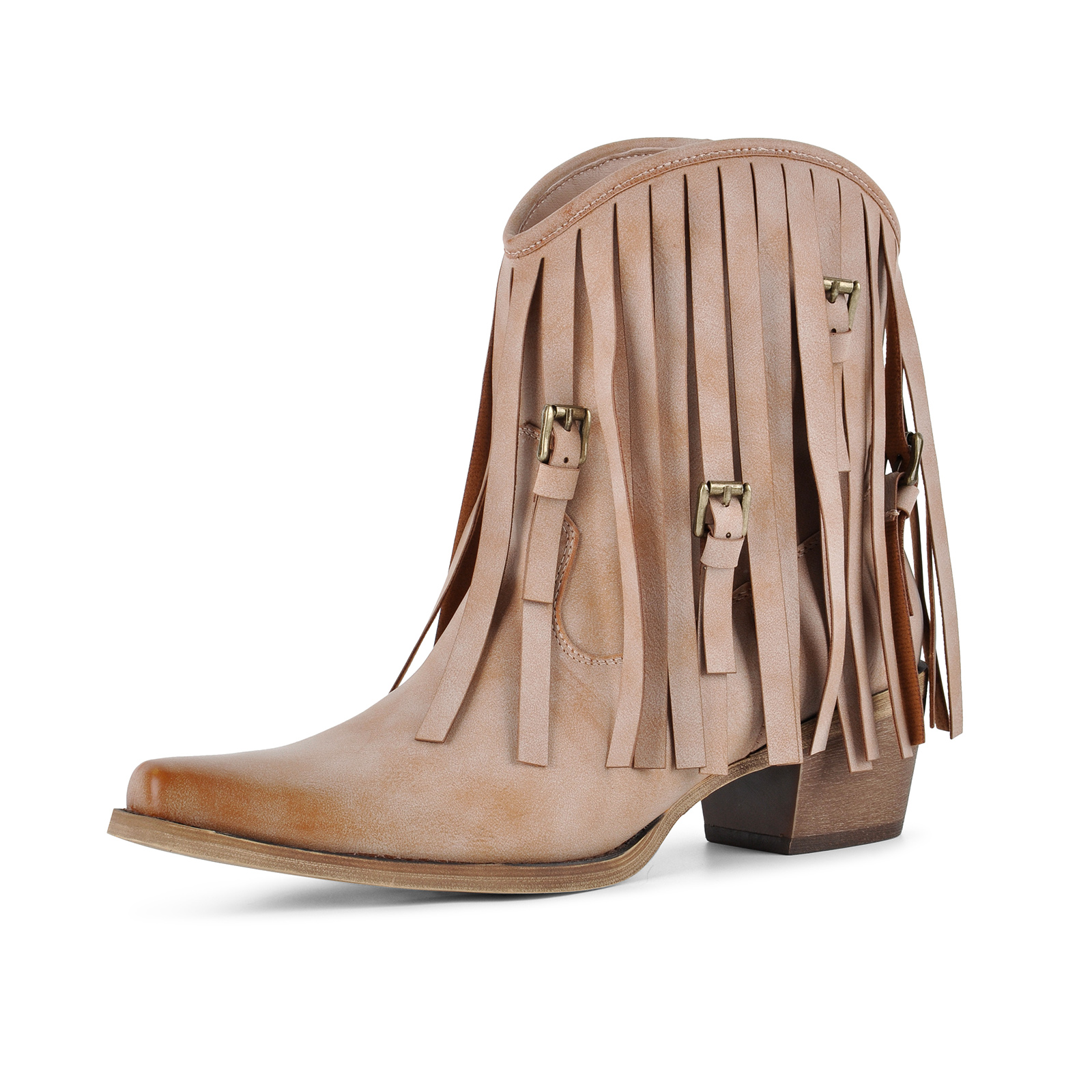 Pointed Toe Fringe Buckle Cowboy Ankle Boots