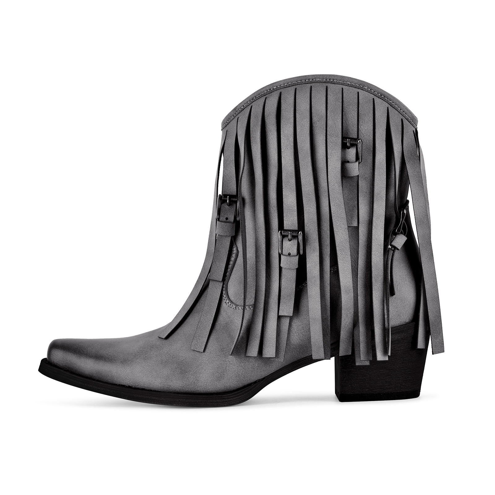 Pointed Toe Fringe Buckle Cowboy Ankle Boots