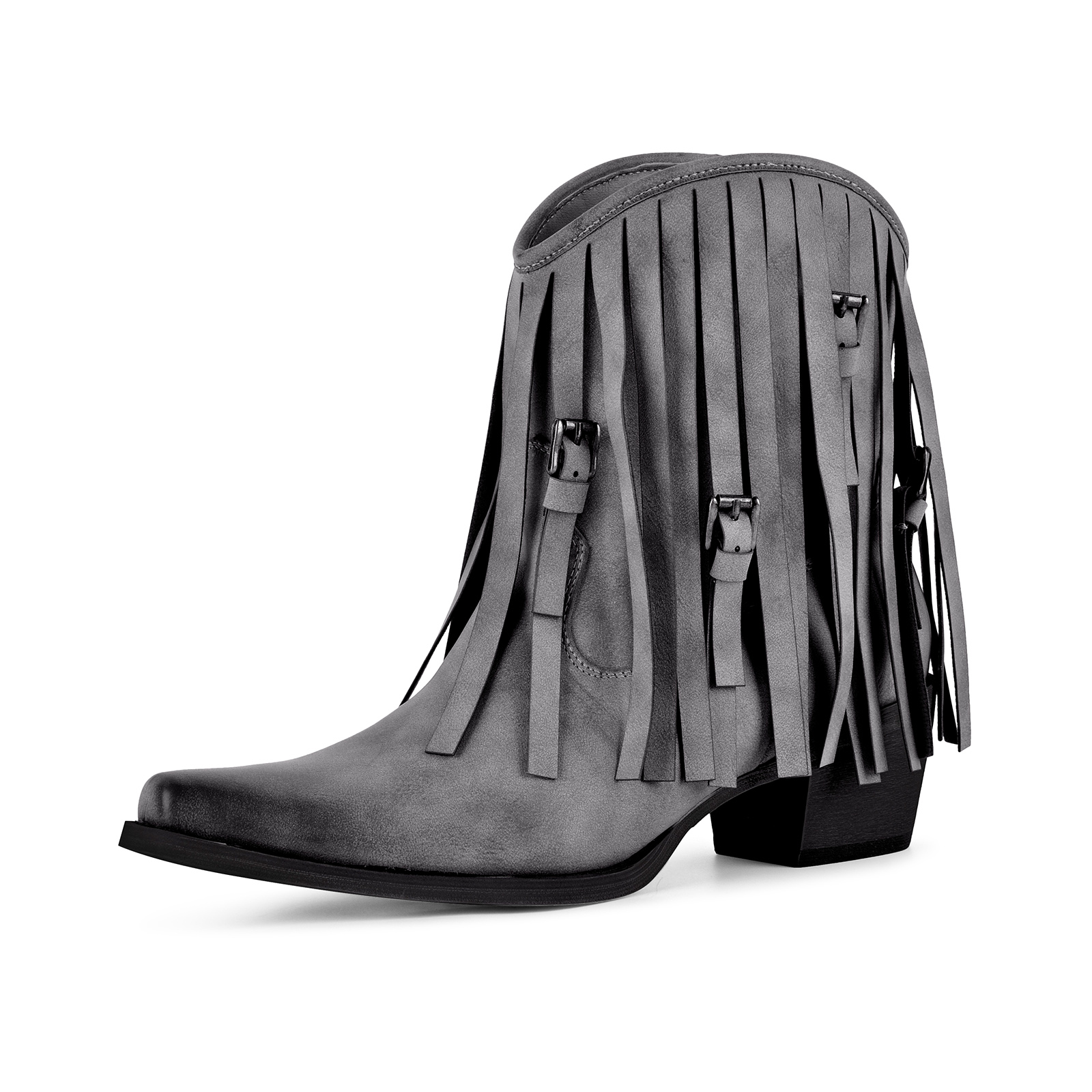 Pointed Toe Fringe Buckle Cowboy Ankle Boots
