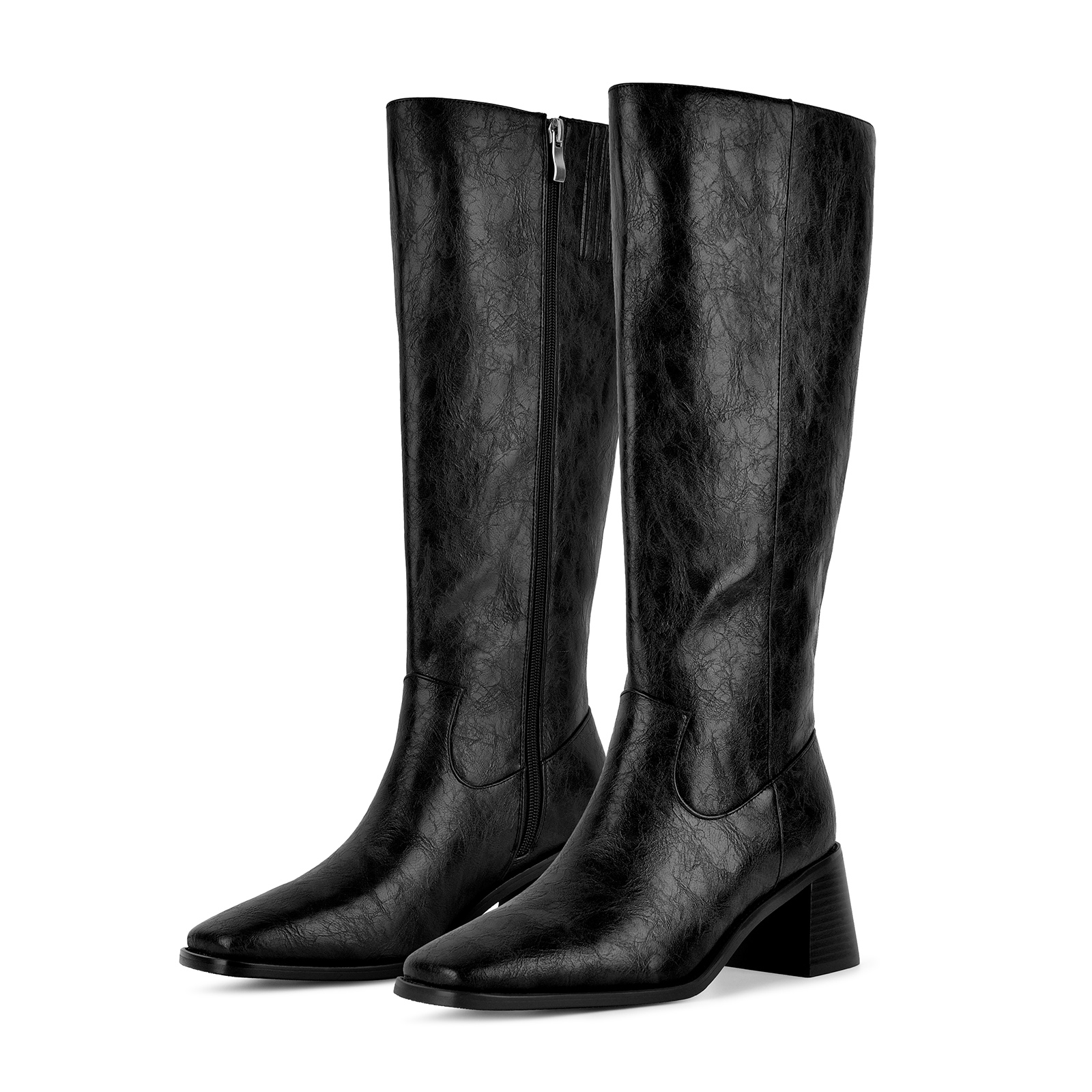Square Toe Zipper Chunky Heel Knee High Boots