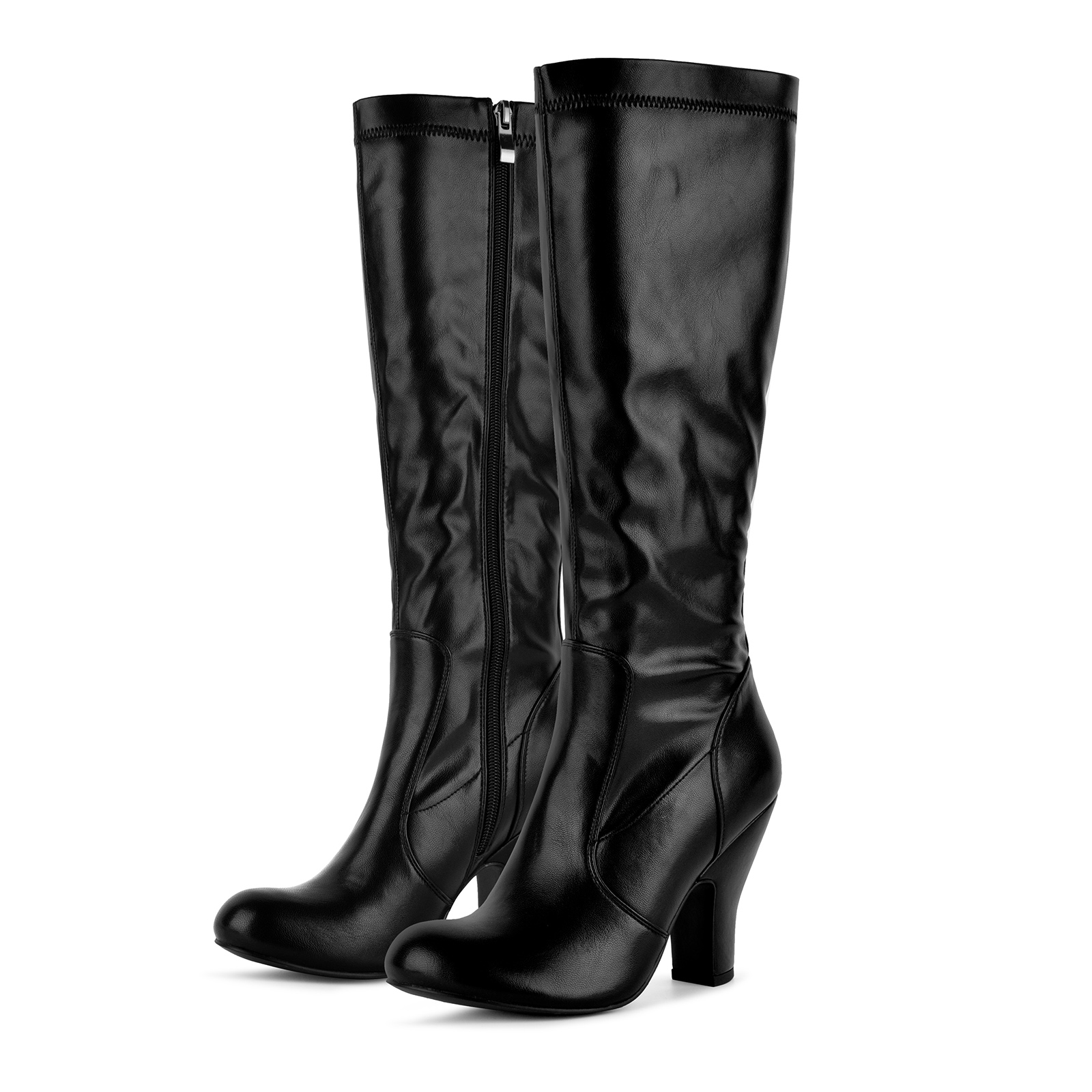 Round Toe Side Zipper Block Heel Knee High Boots