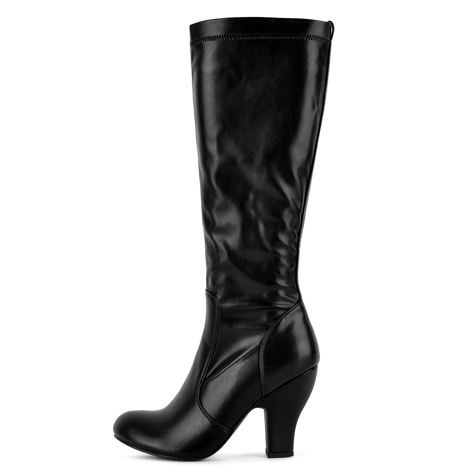 Round Toe Side Zipper Block Heel Knee High Boots