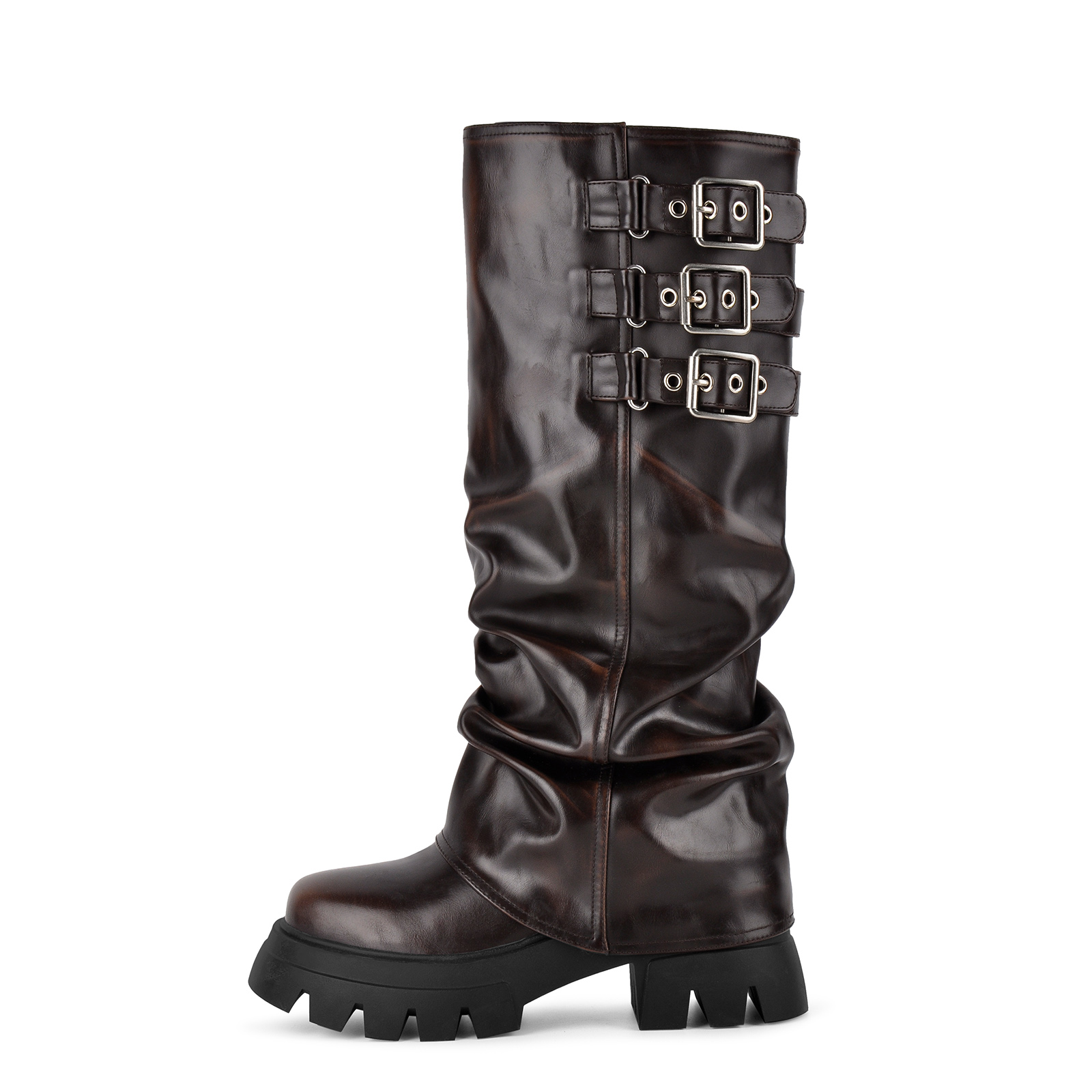 Platform Fold Over Buckles Knee High Boots