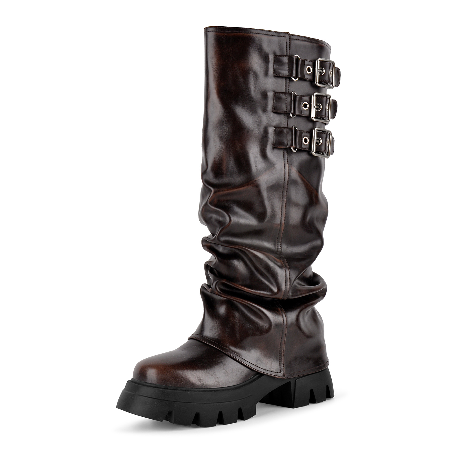 Platform Fold Over Buckles Knee High Boots