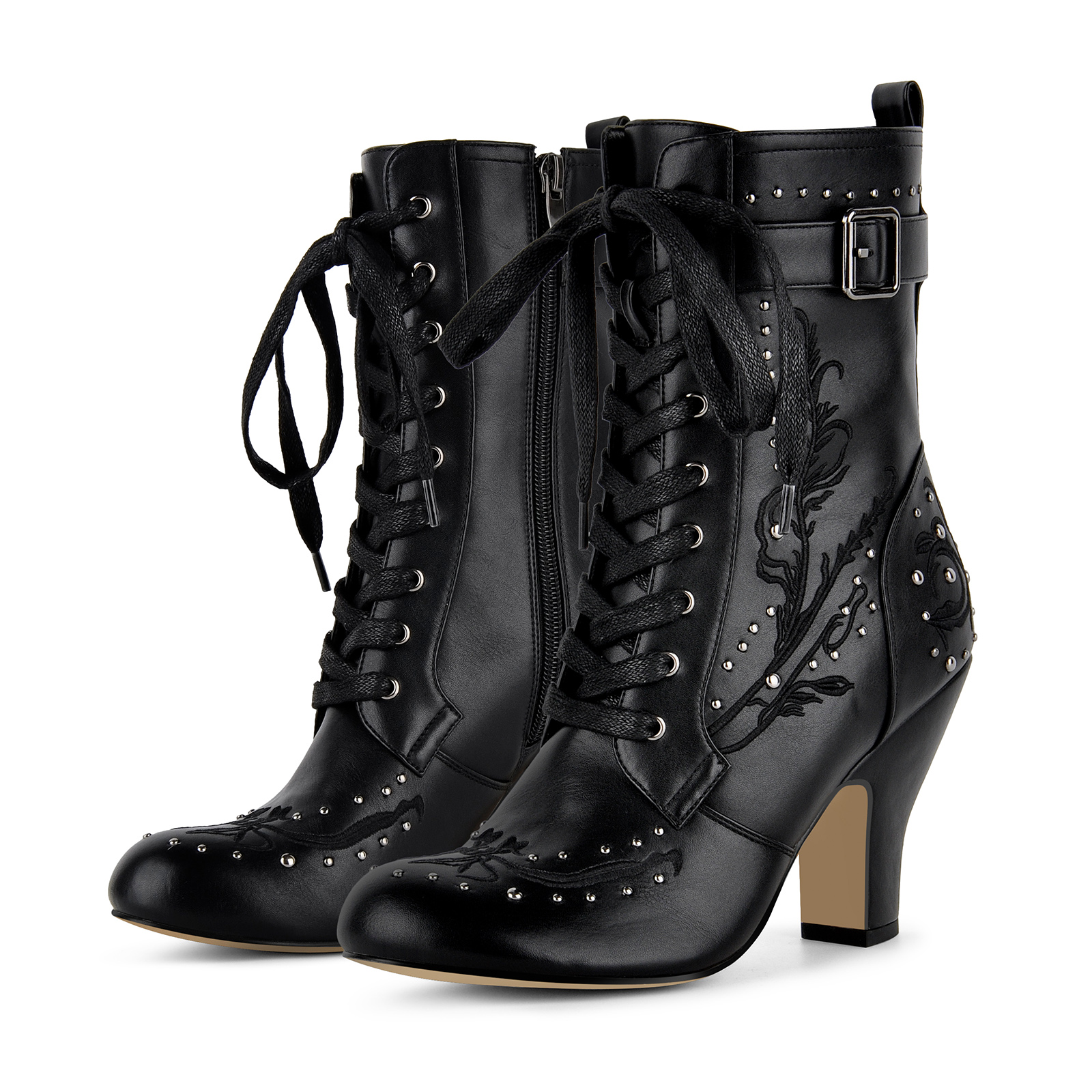 Studded Embroidery Lace-up Buckle Ankle Boots