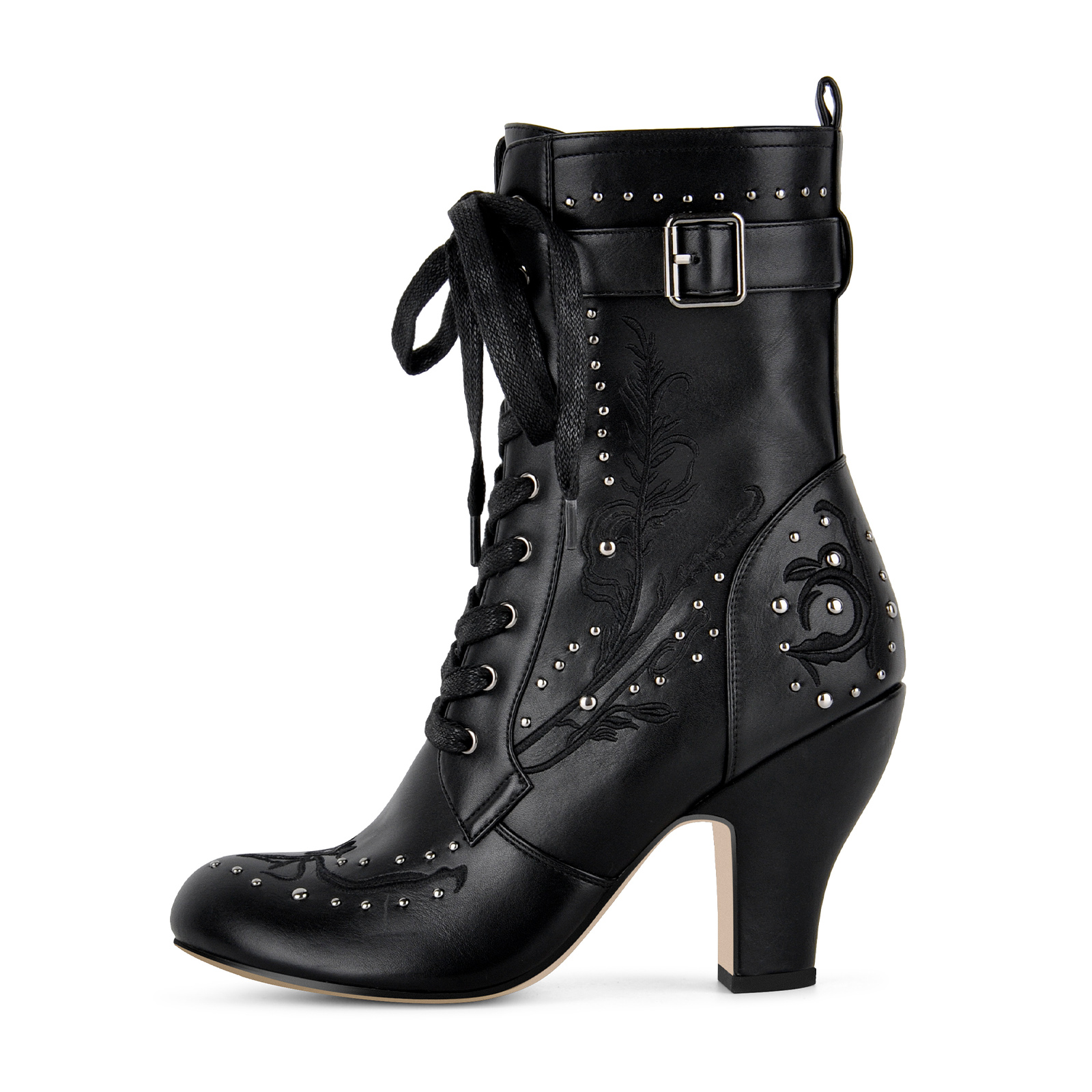 Studded Embroidery Lace-up Buckle Ankle Boots