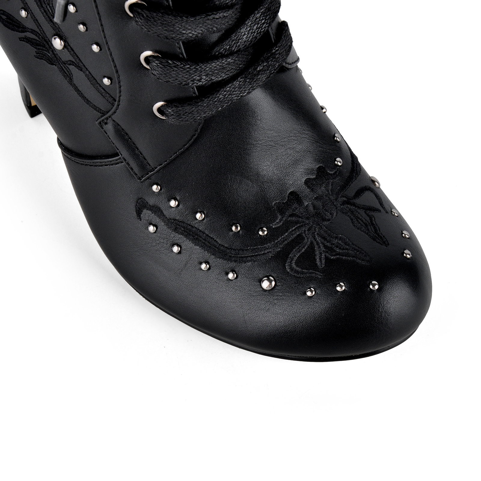 Studded Embroidery Lace-up Buckle Ankle Boots