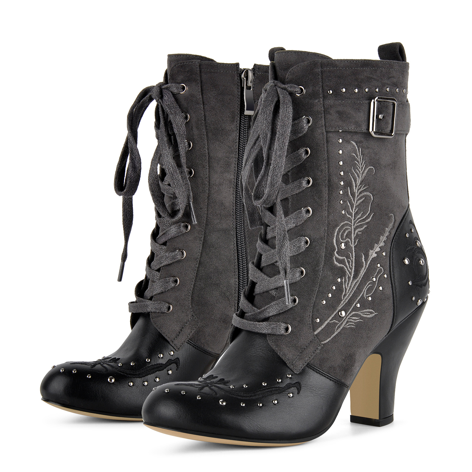 Studded Embroidery Lace-up Buckle Ankle Boots