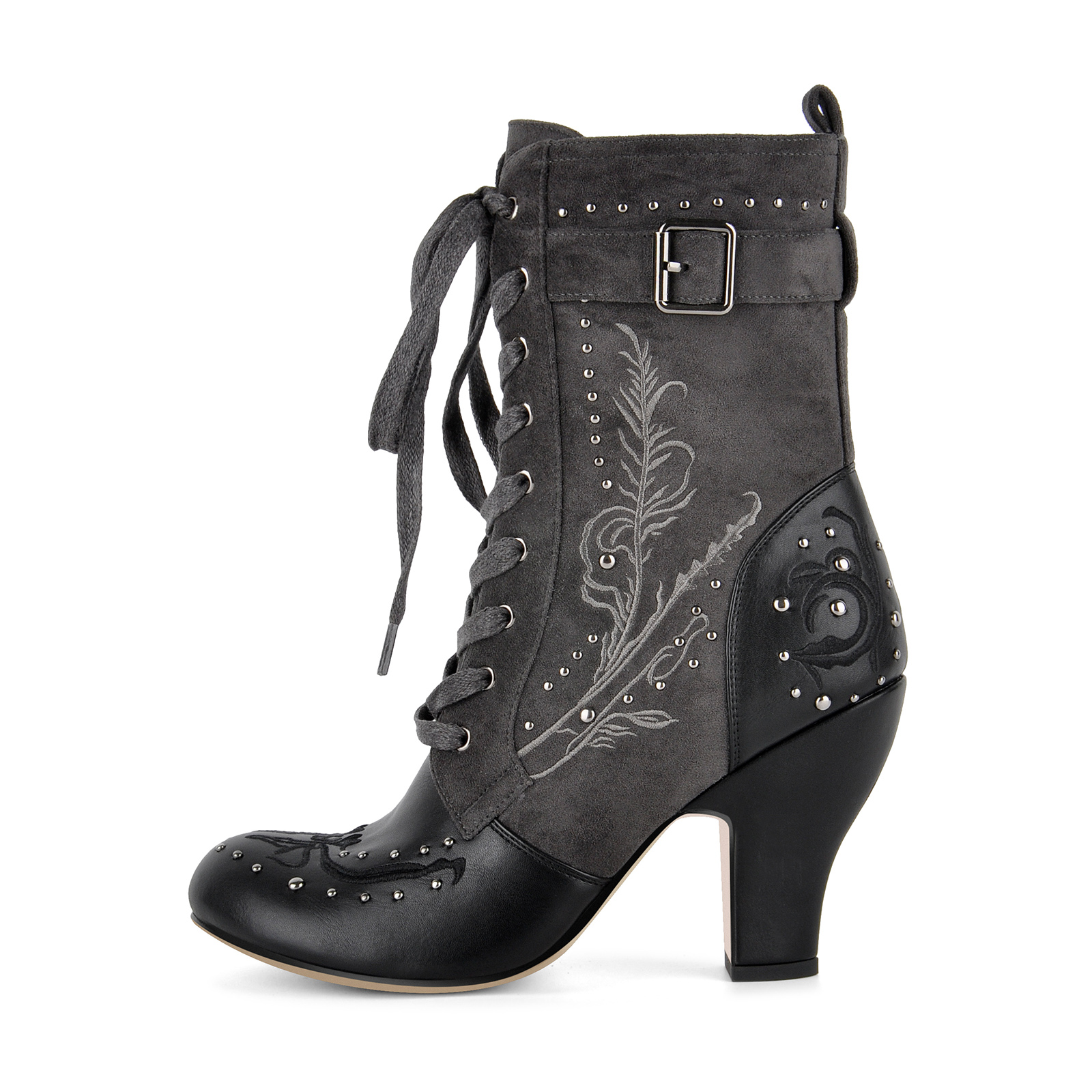 Studded Embroidery Lace-up Buckle Ankle Boots