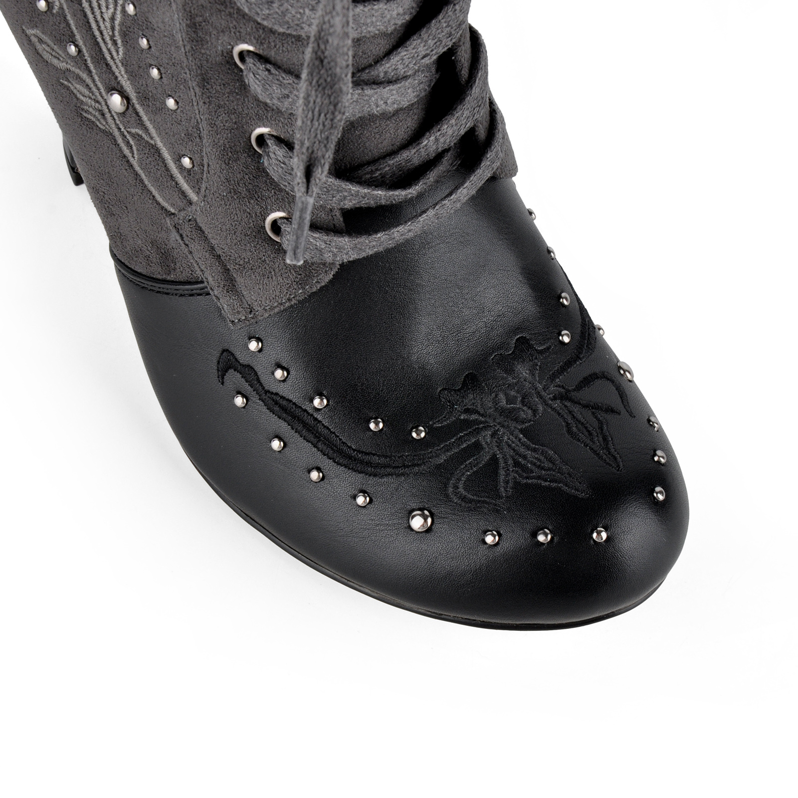 Studded Embroidery Lace-up Buckle Ankle Boots